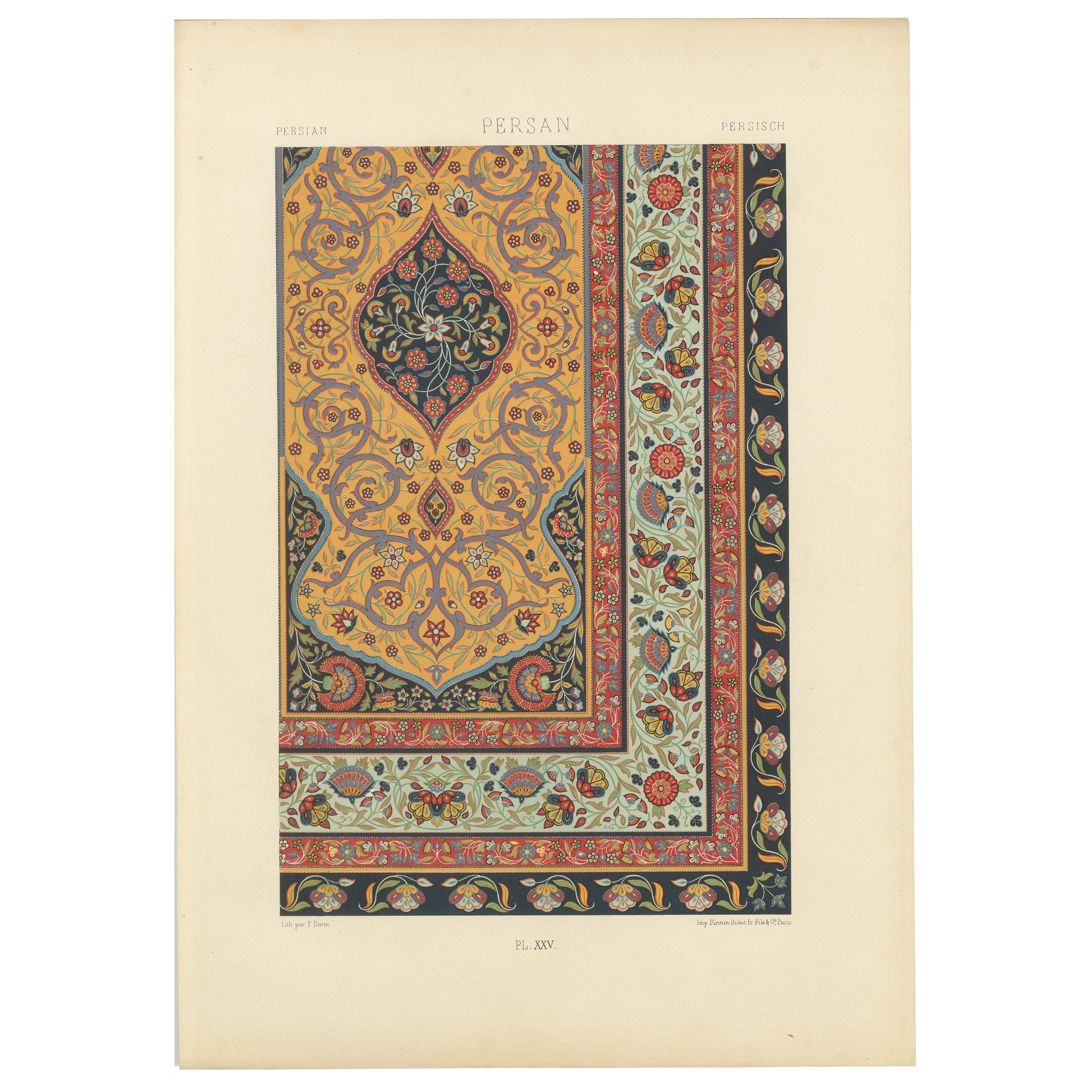 Stampa del bordo di un tappeto persiano - Litografia antica di un ornamento floreale, 1869 ca.