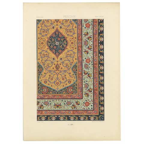 Persian Carpet Border Print – Antique Lithograph of Floral Rug Ornament, c.1869