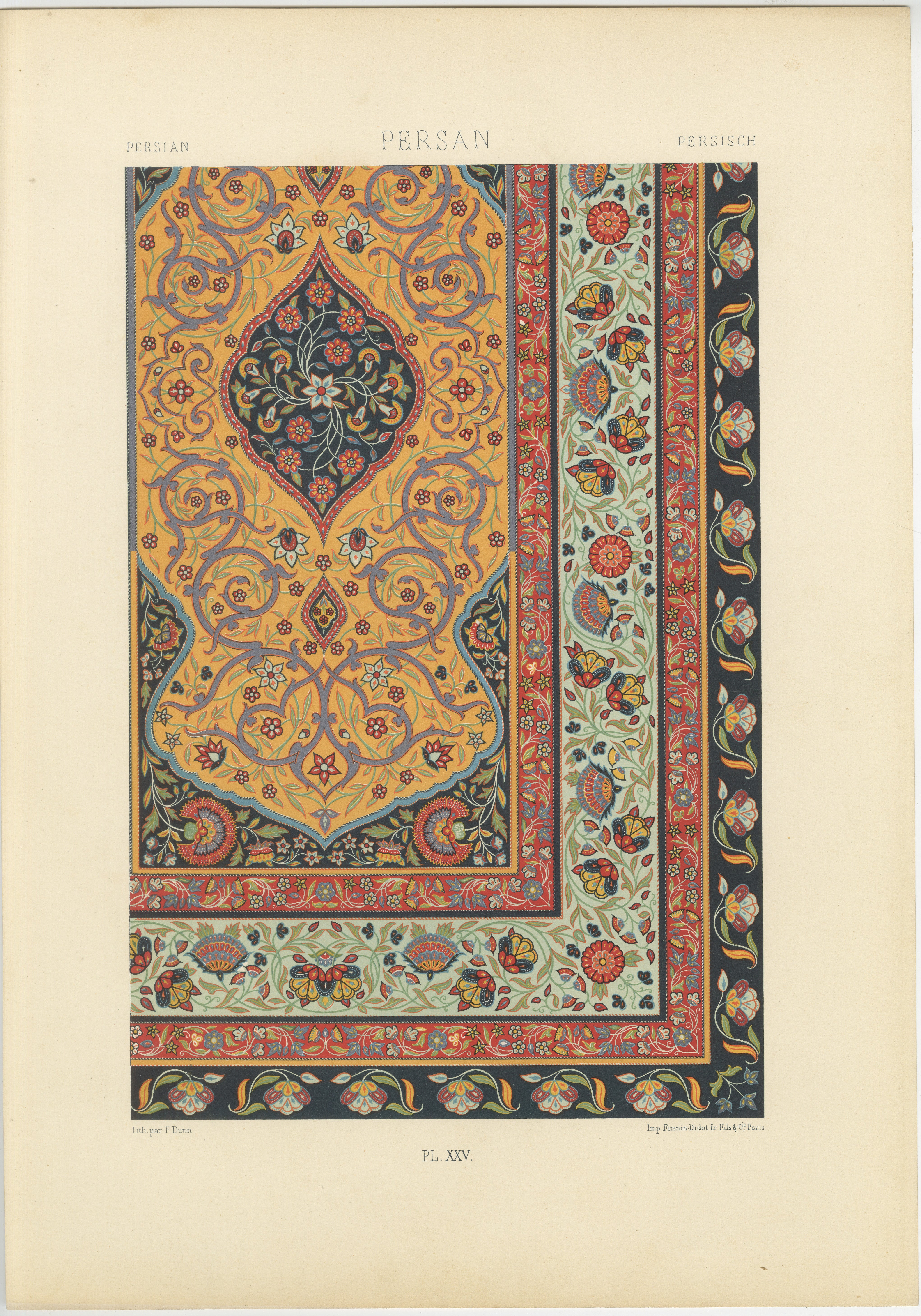 Impression de bordure de tapis persan - Lithographie ancienne d'un ornement floral de tapis, c.1869