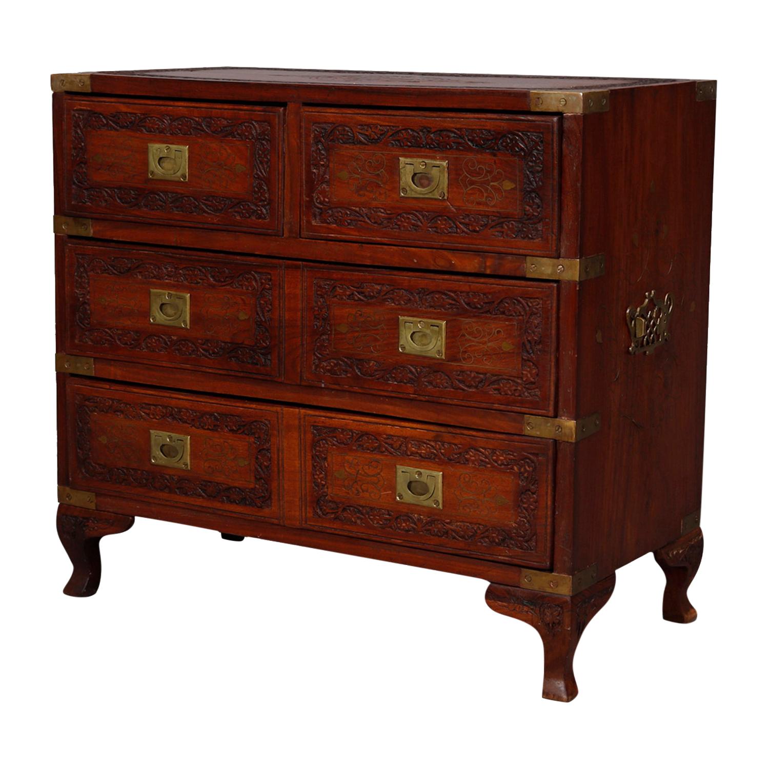 Persian Carved Mahogany and Damscene Four-Drawer Dowry Chest, 20th Century