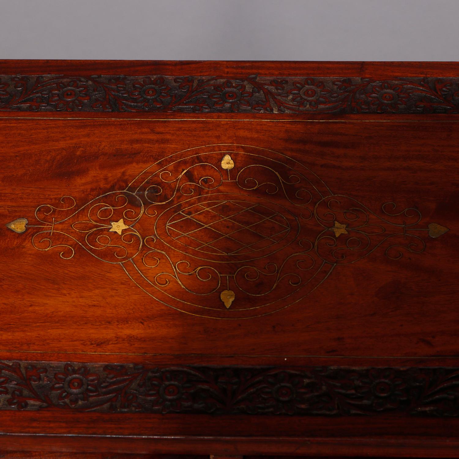 Persian Carved Mahogany and Damscene Four-Drawer Dowry Chest, 20th Century In Good Condition In Big Flats, NY