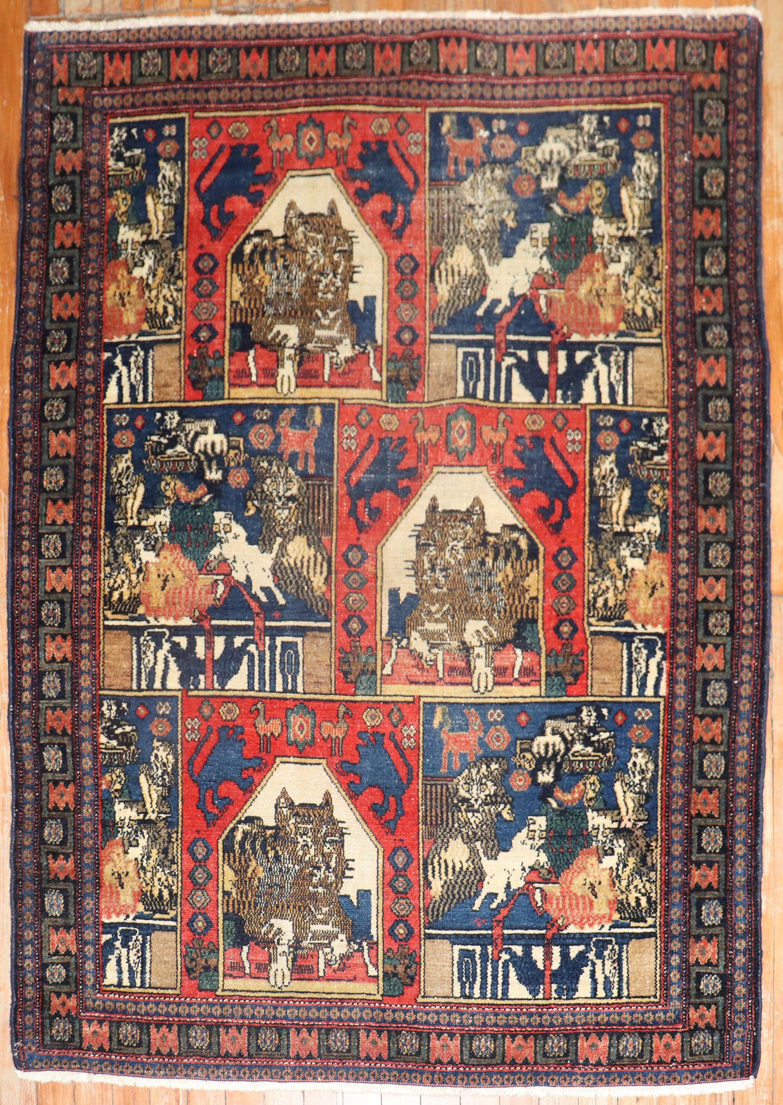 Tapis persan Senneh des années 1920, de taille carrée, avec une multitude de chats entourés d'autres animaux plus petits dans des accents à dominante rouge et bleue.

Mesures : 3'9'' x 5'.