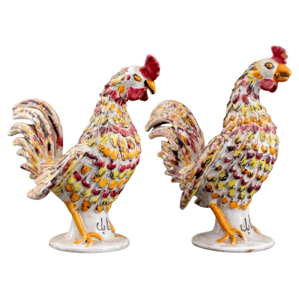 Persian Ceramic Rooster Sculptures, Pair For Sale