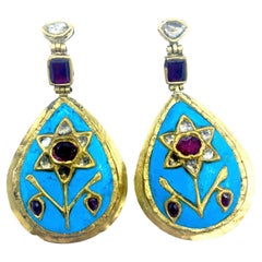 Persian Colored Enamel Revival Earrings with Ruby and Diamonds, 22 Karat Gold