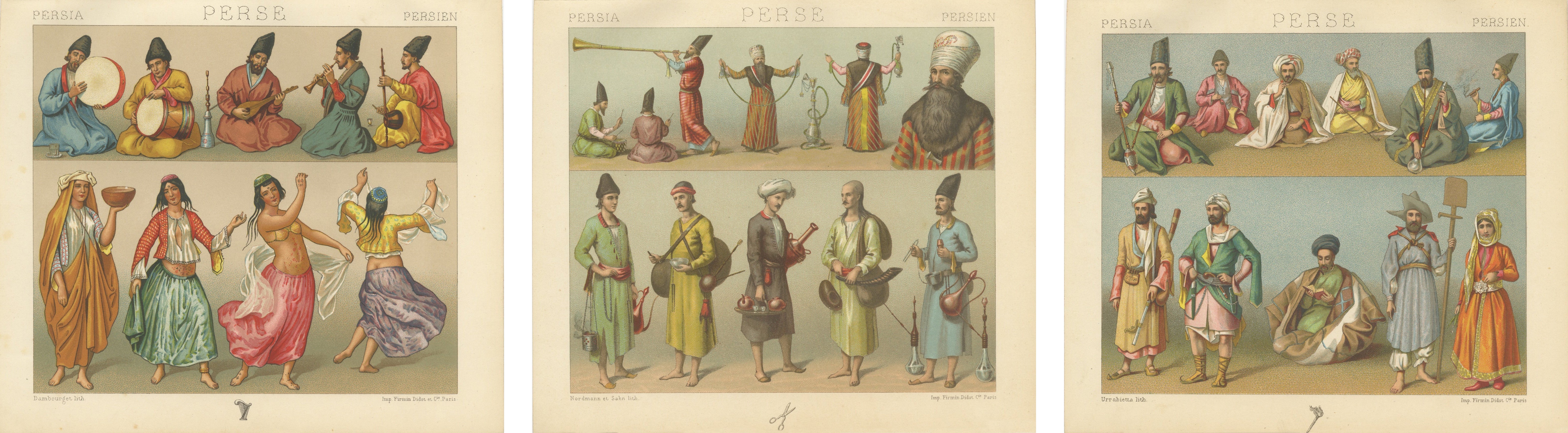 Persian Costume Lithographs, Musicians & Figures, Paris c.1888 Set of 3