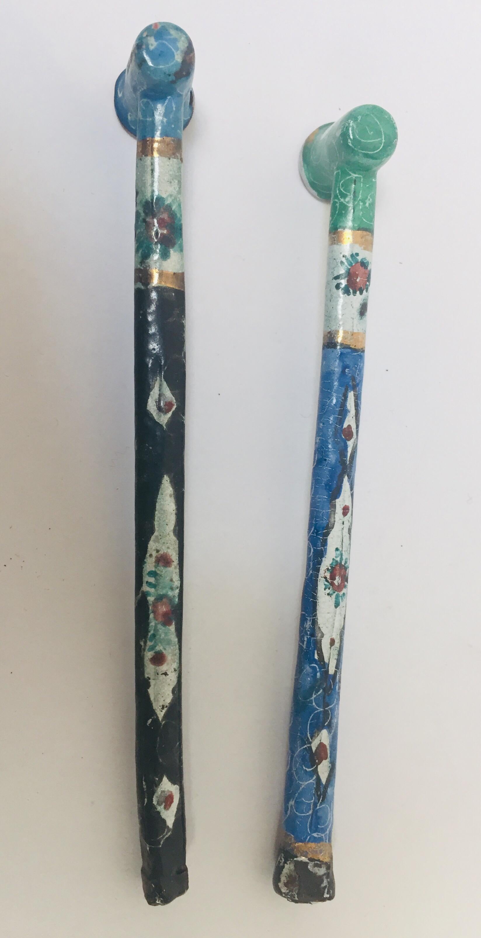 Persian Decorative Opium Metal Enameled Pipes Hand Painted In Good Condition In North Hollywood, CA