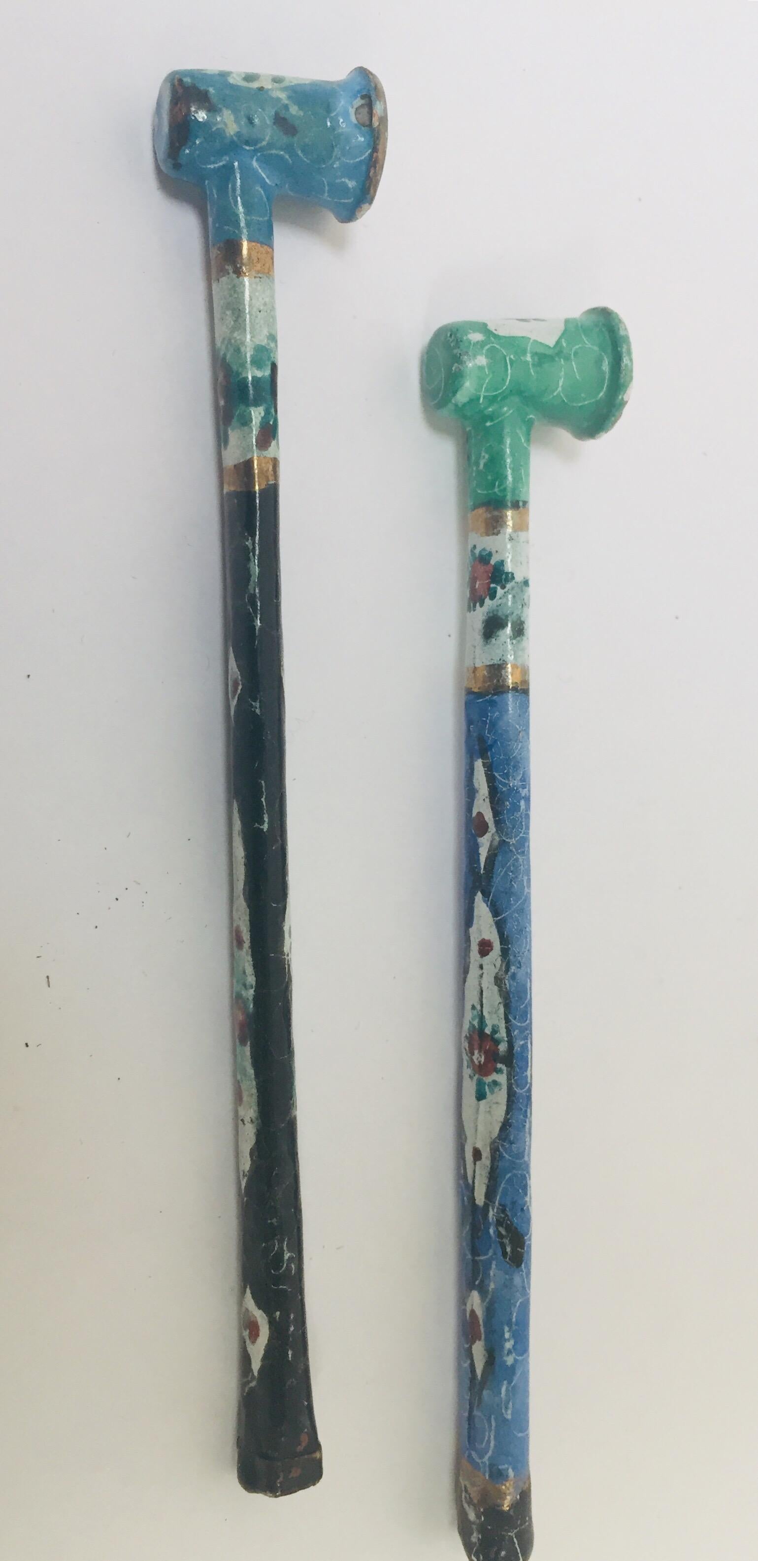 20th Century Persian Decorative Opium Metal Enameled Pipes Hand Painted
