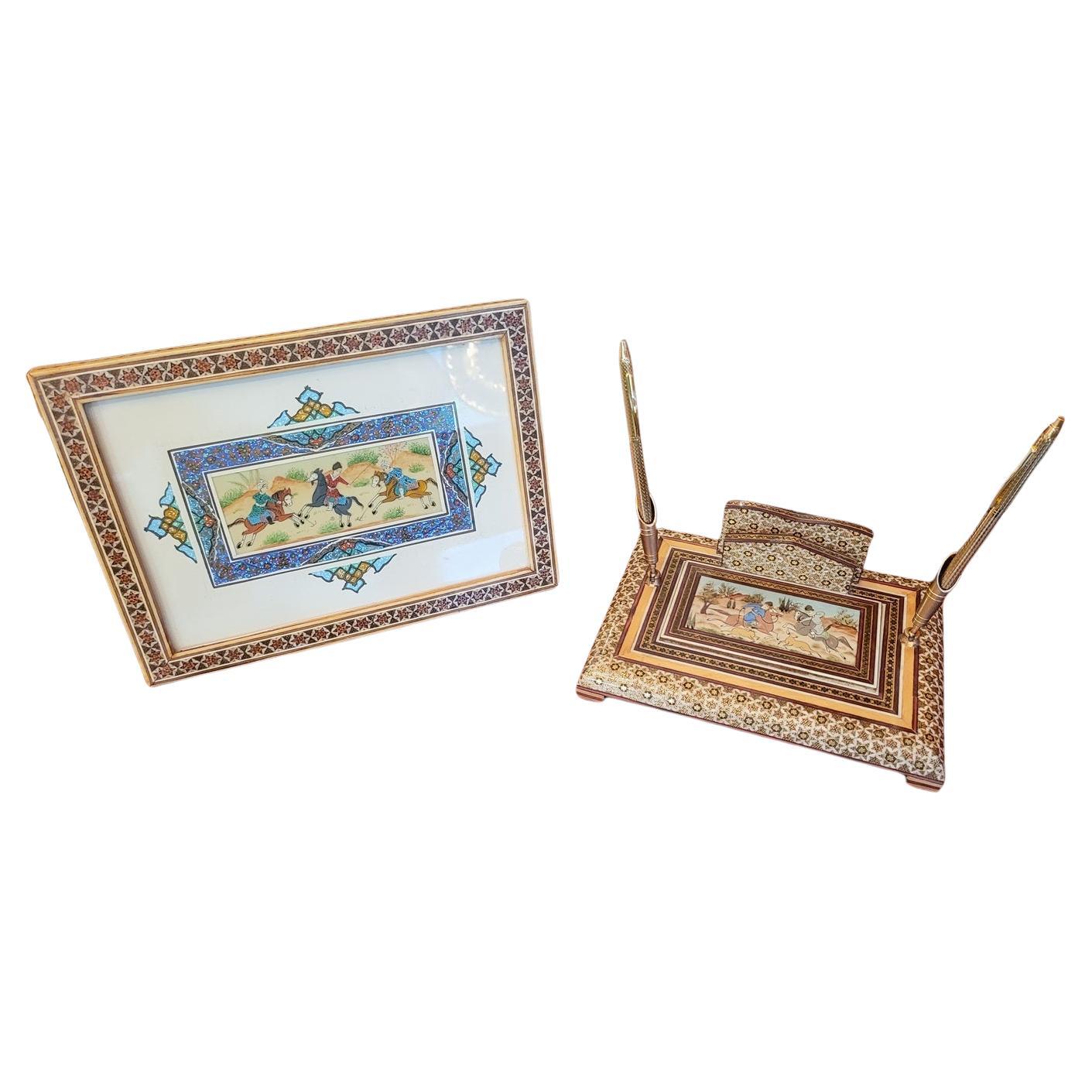 Persian Desk Set with Khatam Mosaic For Sale