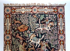 Persian Embroidered Wall Hanging Hunting Scene And Calligraphic Border C.1950