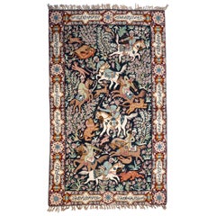 Persischer gestickter Wandbehang mit Jagdszene und kalligraphischer Bordüre C.1950