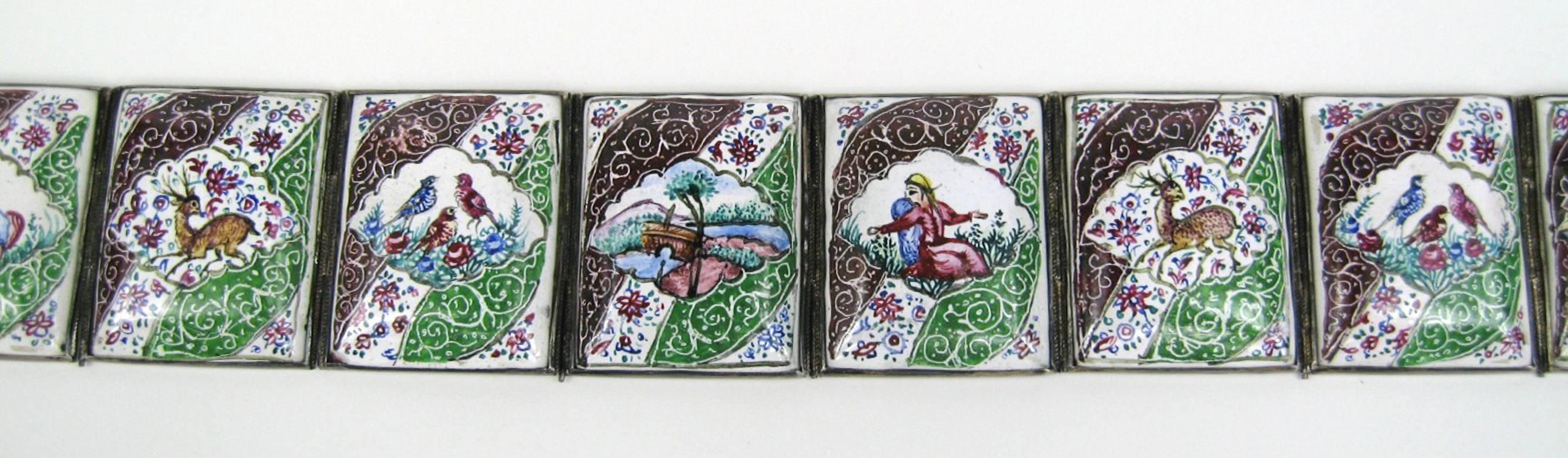  Persian Enamel Belt Hand Painted Indo Art Tile Silver Belt  In Good Condition For Sale In Wallkill, NY