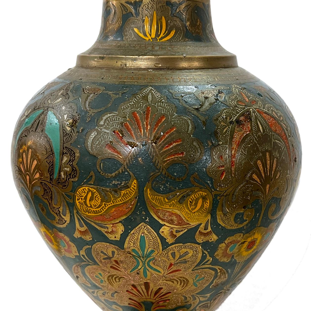 Etched Persian Enameled Lamp For Sale