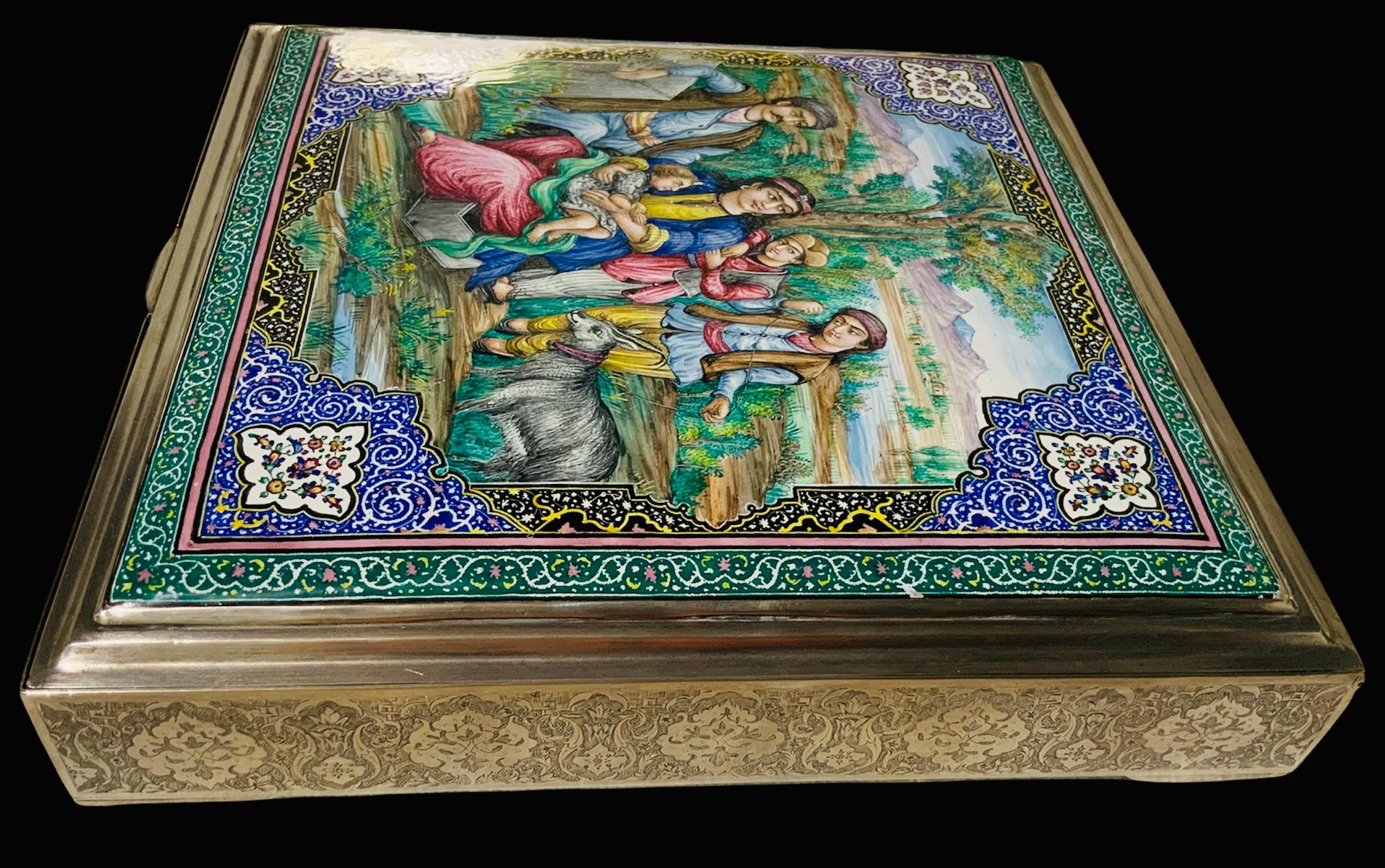 Persian Enameled Painting Silver Box For Sale 6