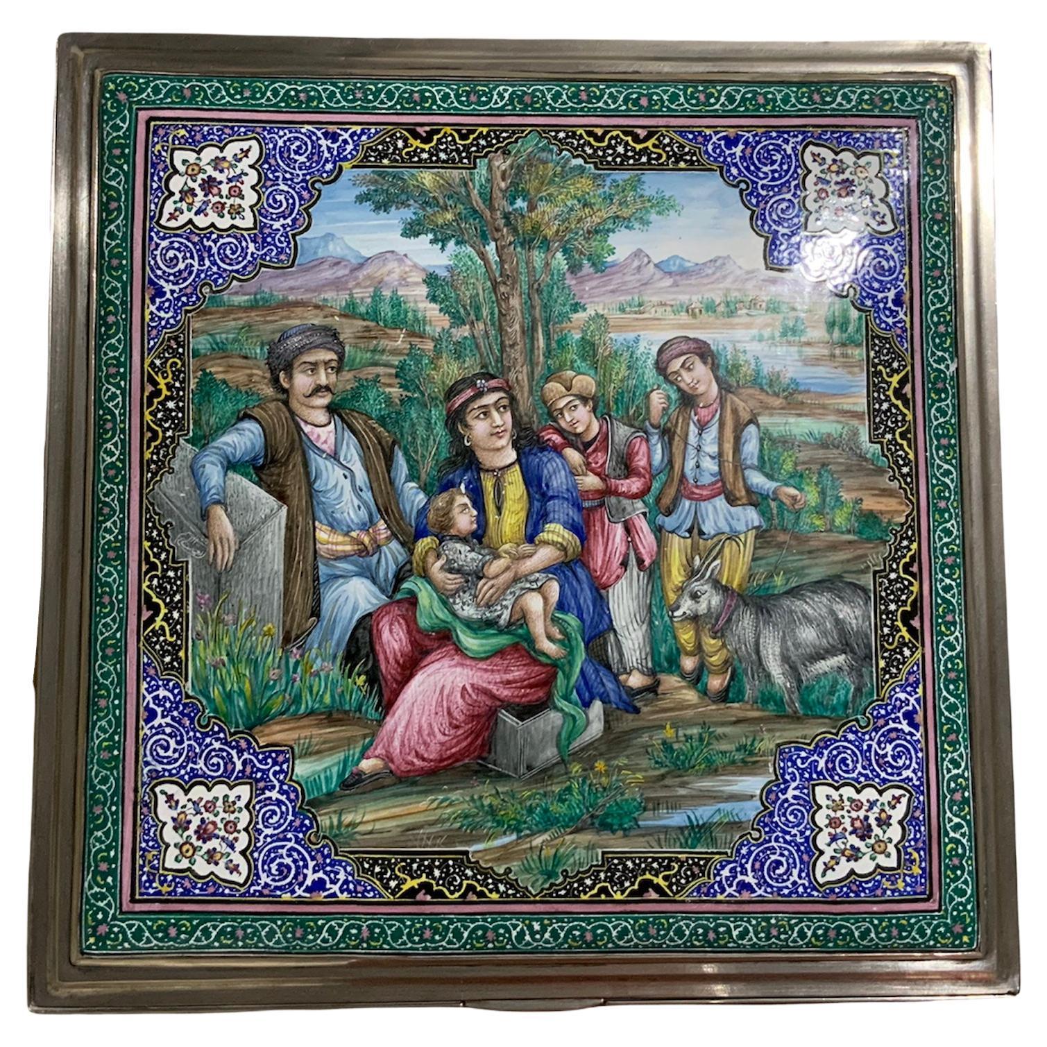 Persian Enameled Painting Silver Box For Sale