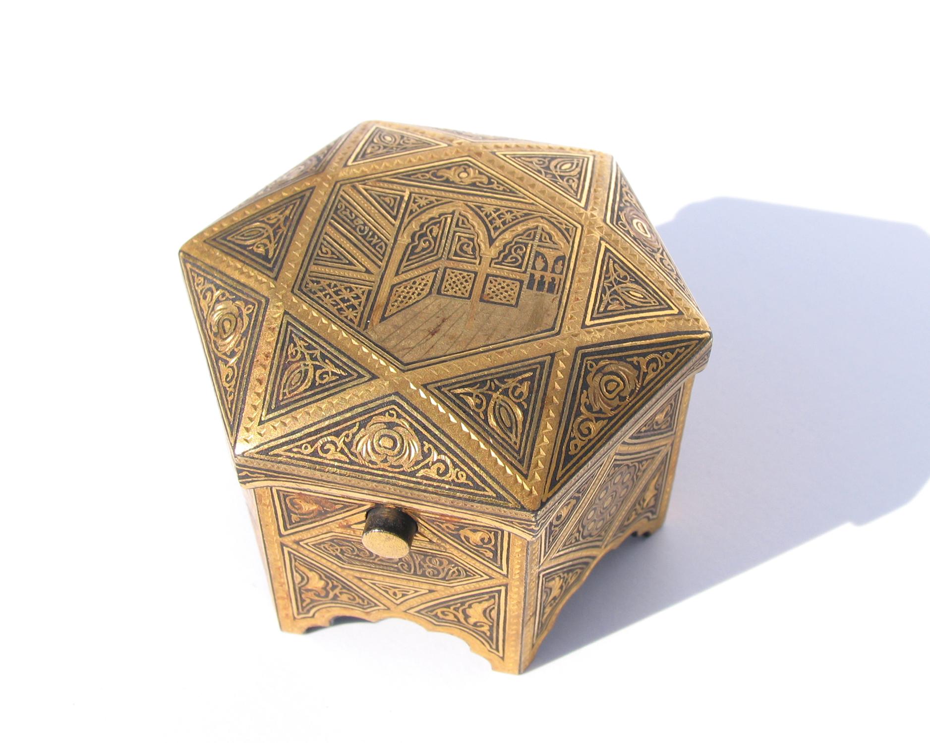 Islamic Persian Engraved Brass Hexagonal Jewelry Ring Box