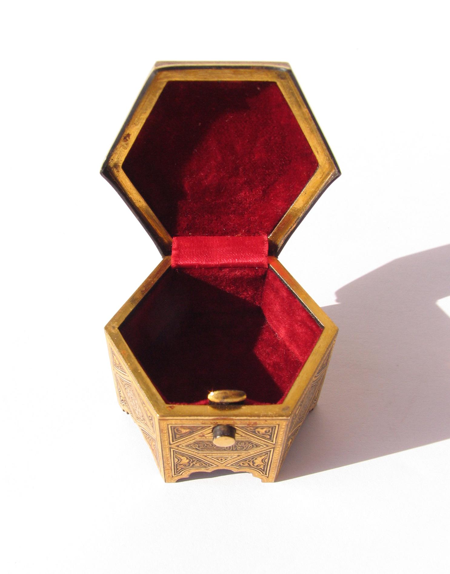 20th Century Persian Engraved Brass Hexagonal Jewelry Ring Box
