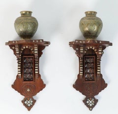 Persian Engraved Ghalam-Zani Brass Islamic Vases with Wooden Wall Brackets