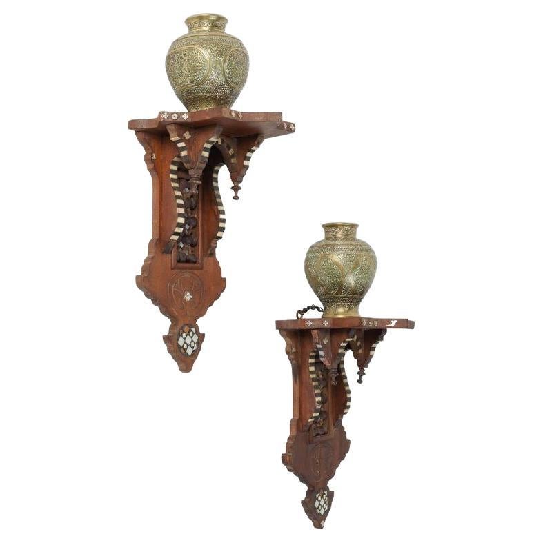 Persian Engraved Ghalam-Zani Brass Vases with Wooden Wall Brackets For Sale