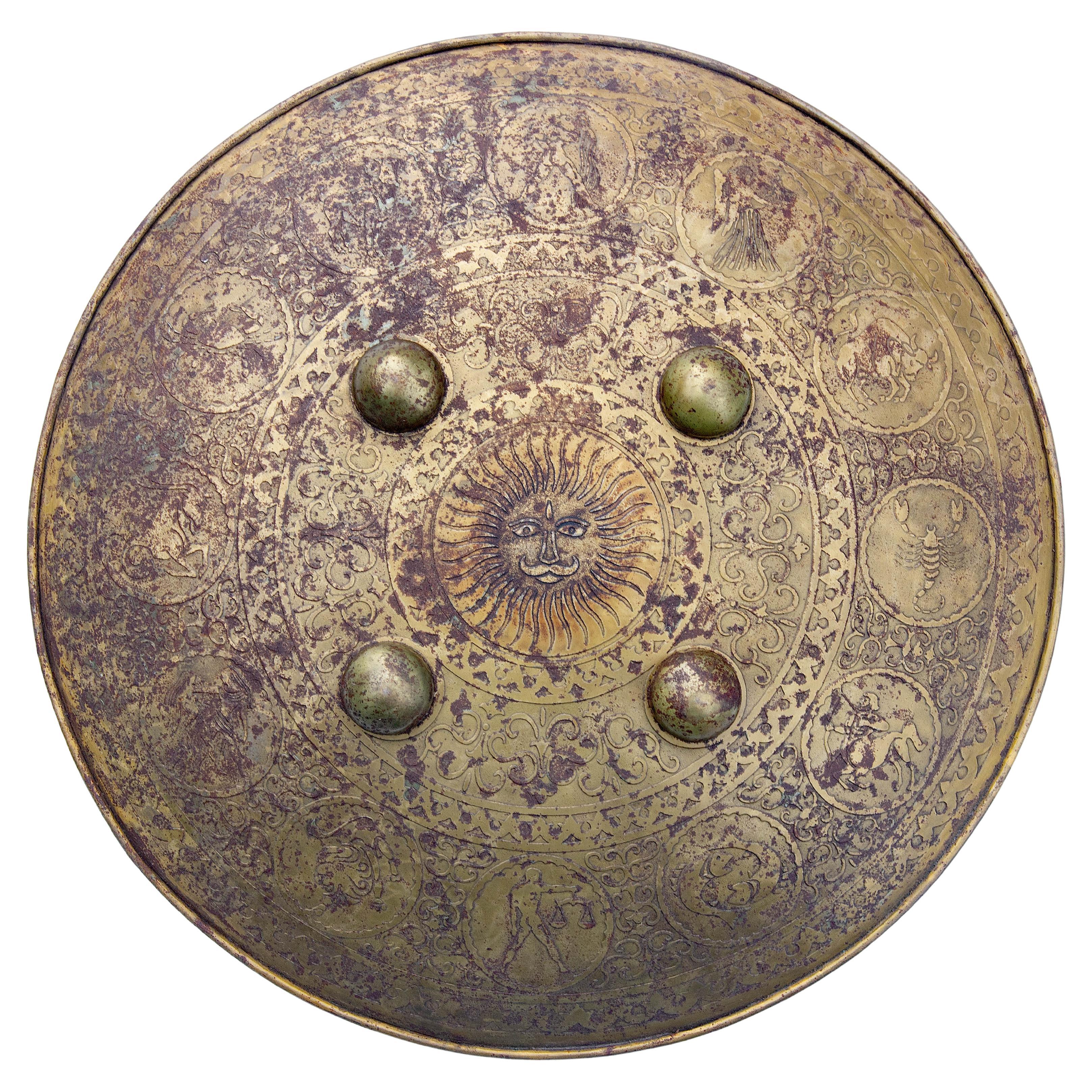 Persian Engraved Iron and Brass Shield Astrological Symbols with Starburst 