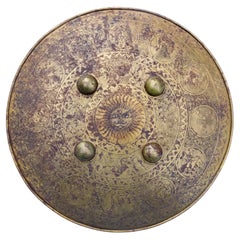 Antique Persian Engraved Iron and Brass Shield Astrological Symbols with Starburst