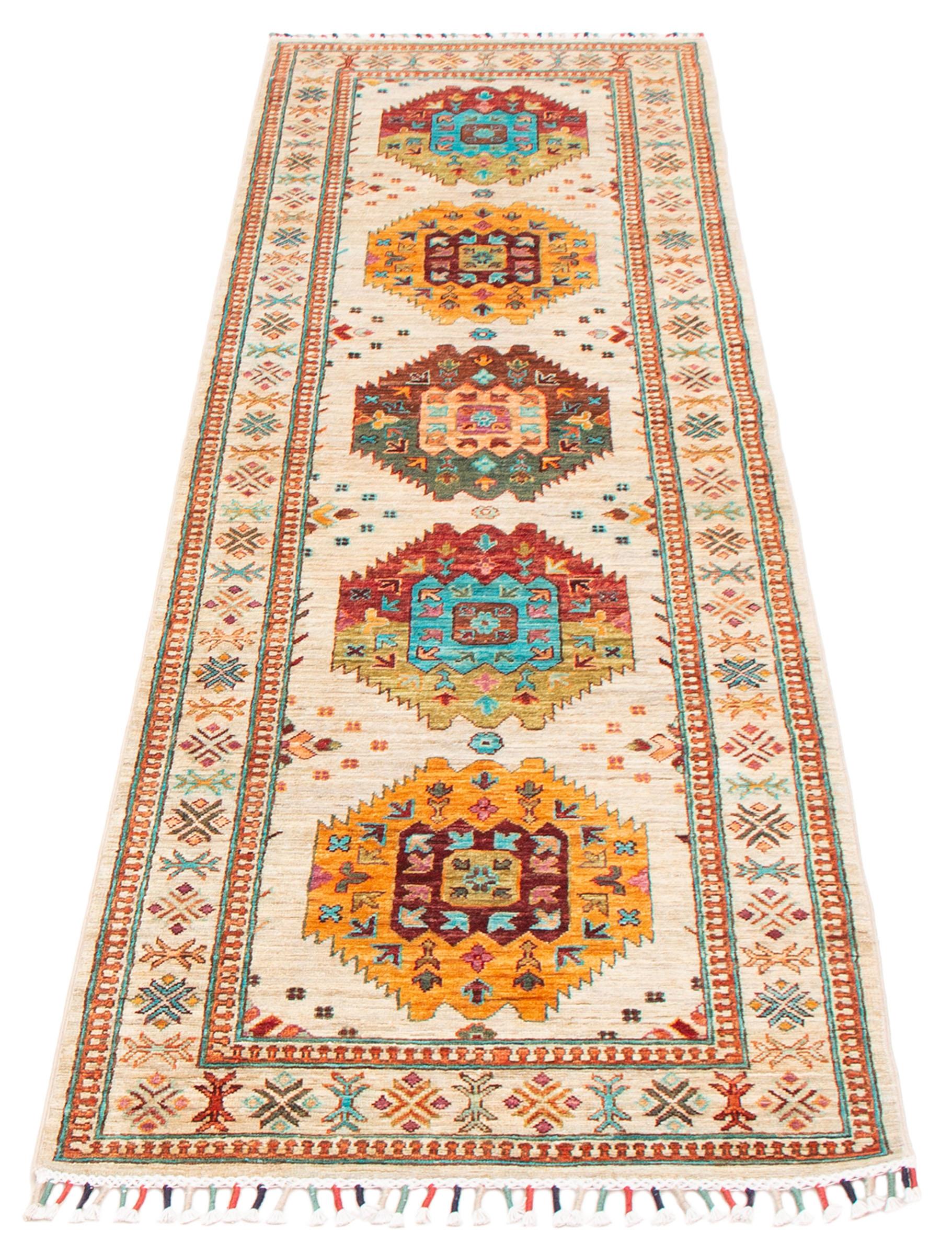 Tribal Hand-knotted Ersari Runner Rug, Multicolored Medallions & Festive Fringe