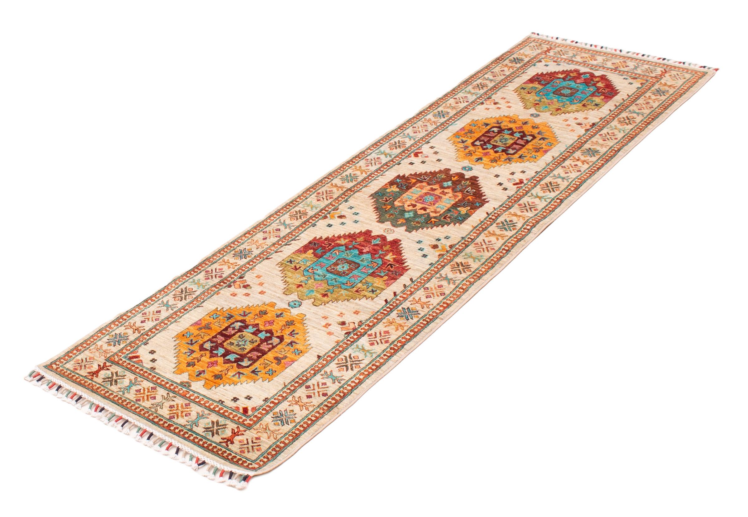 Persian Hand-knotted Ersari Runner Rug, Multicolored Medallions & Festive Fringe