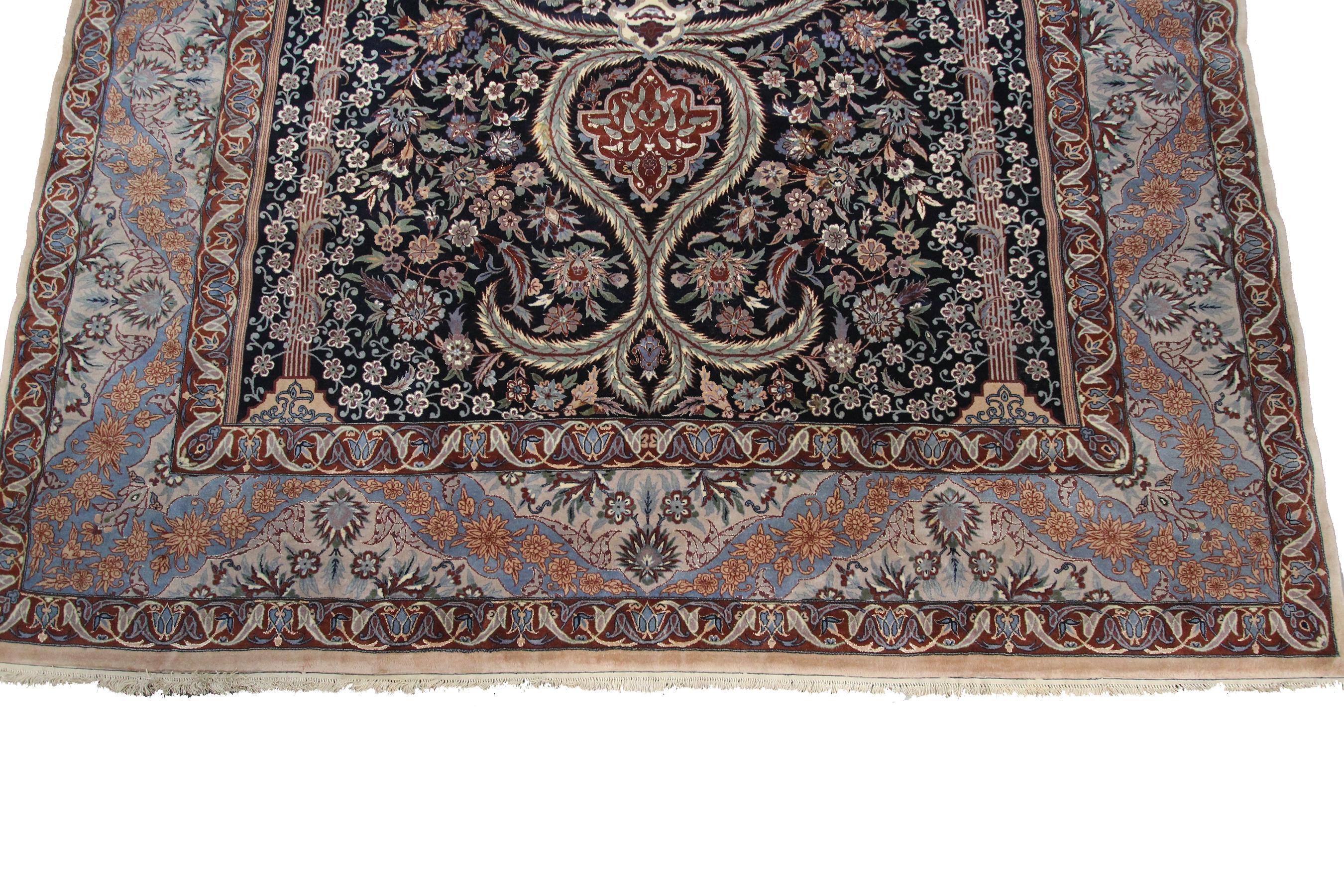 Hand-Knotted Persian Esfahan Rug Wool & Silk Persian Rug Silk Foundation Black Handmade For Sale