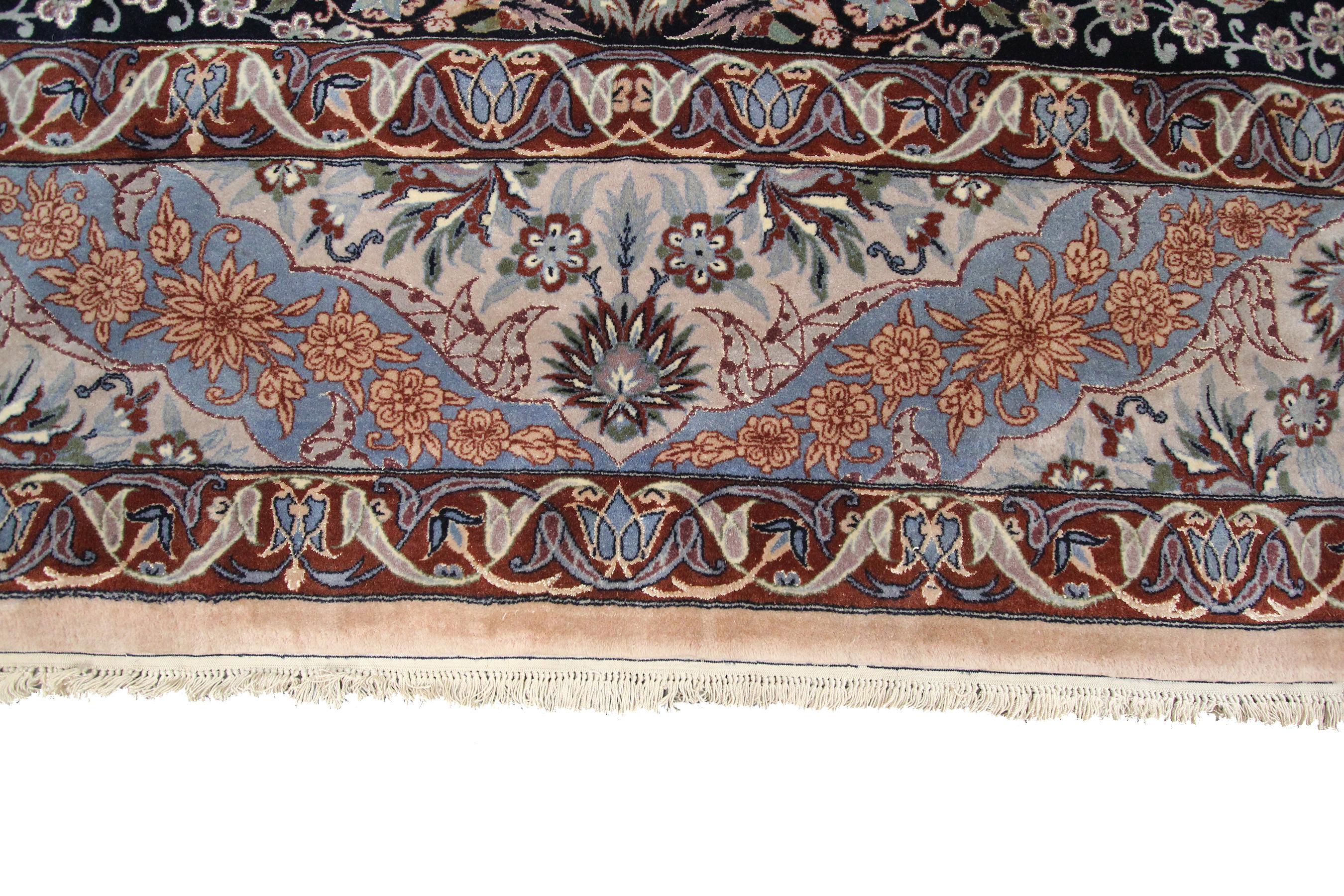 Late 20th Century Persian Esfahan Rug Wool & Silk Persian Rug Silk Foundation Black Handmade For Sale