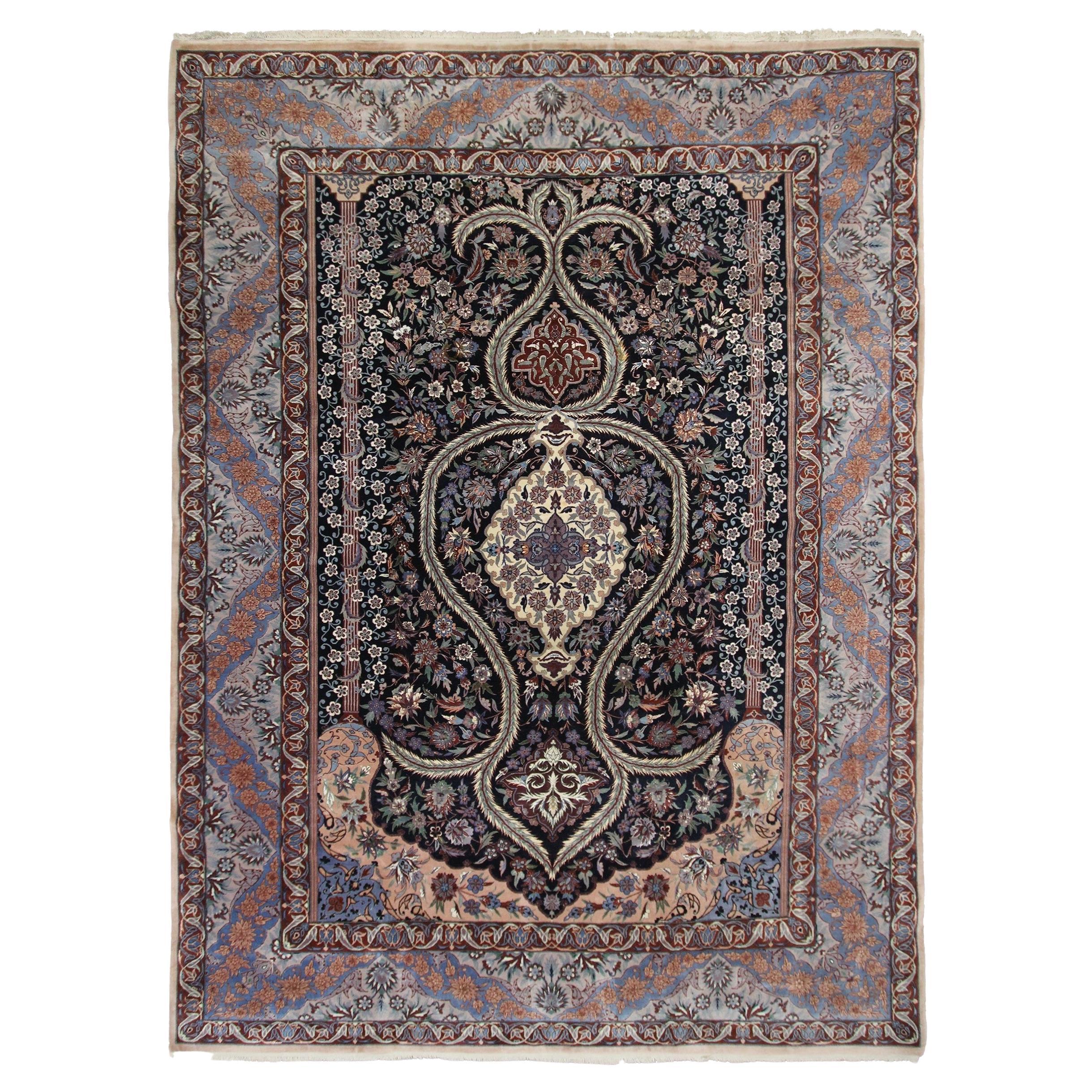 Persian Esfahan Rug Wool & Silk Persian Rug Silk Foundation Black Handmade For Sale