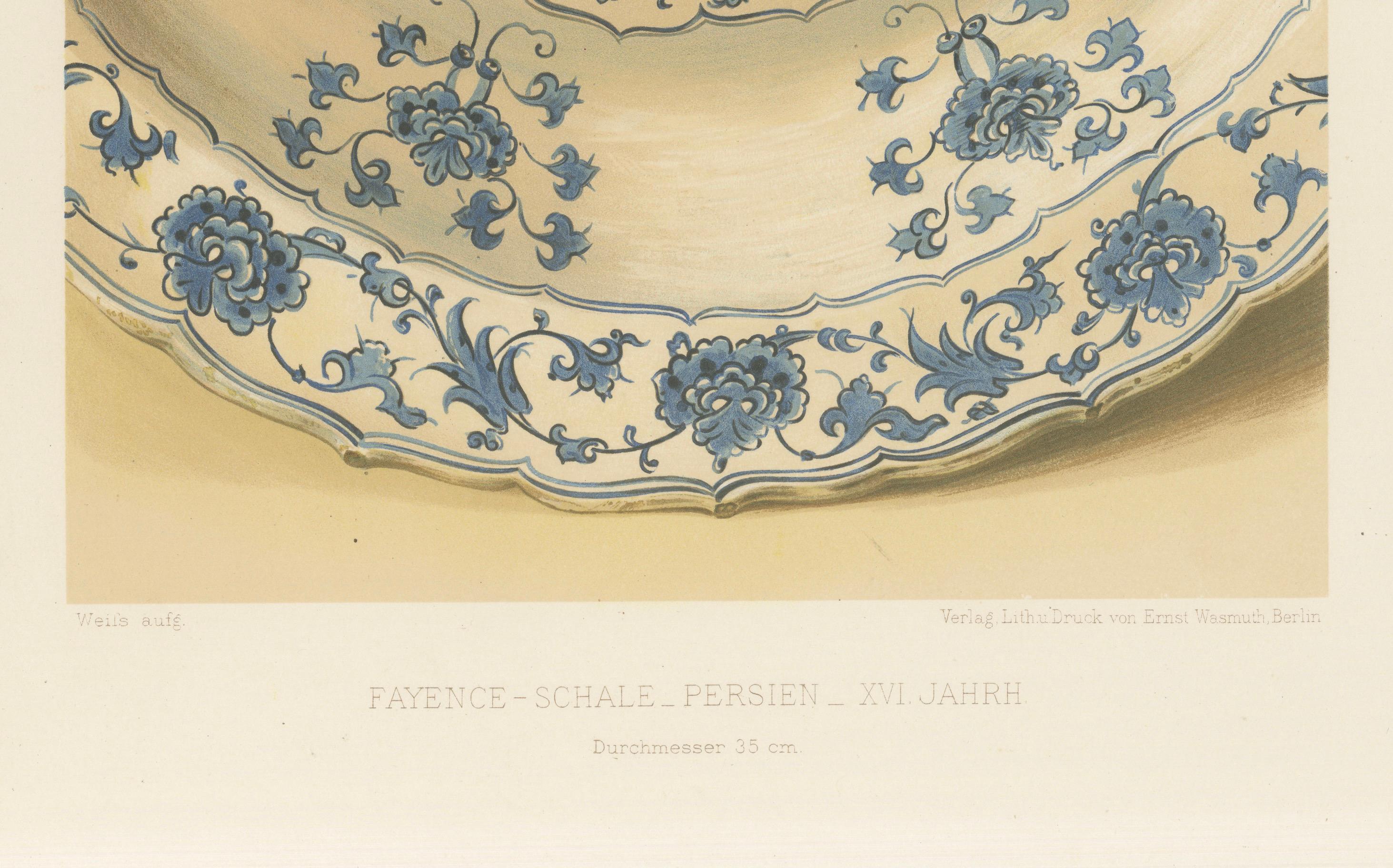 Persian Faience Dish with Blue Floral Ornamentation – Julius Lessing, Berlin 1890

A finely detailed chromolithograph from Persisch-Türkische Fayencen (Persian-Turkish Faience), published in Berlin by Ernst Wasmuth in 1890 as part of Vorbilder-Hefte