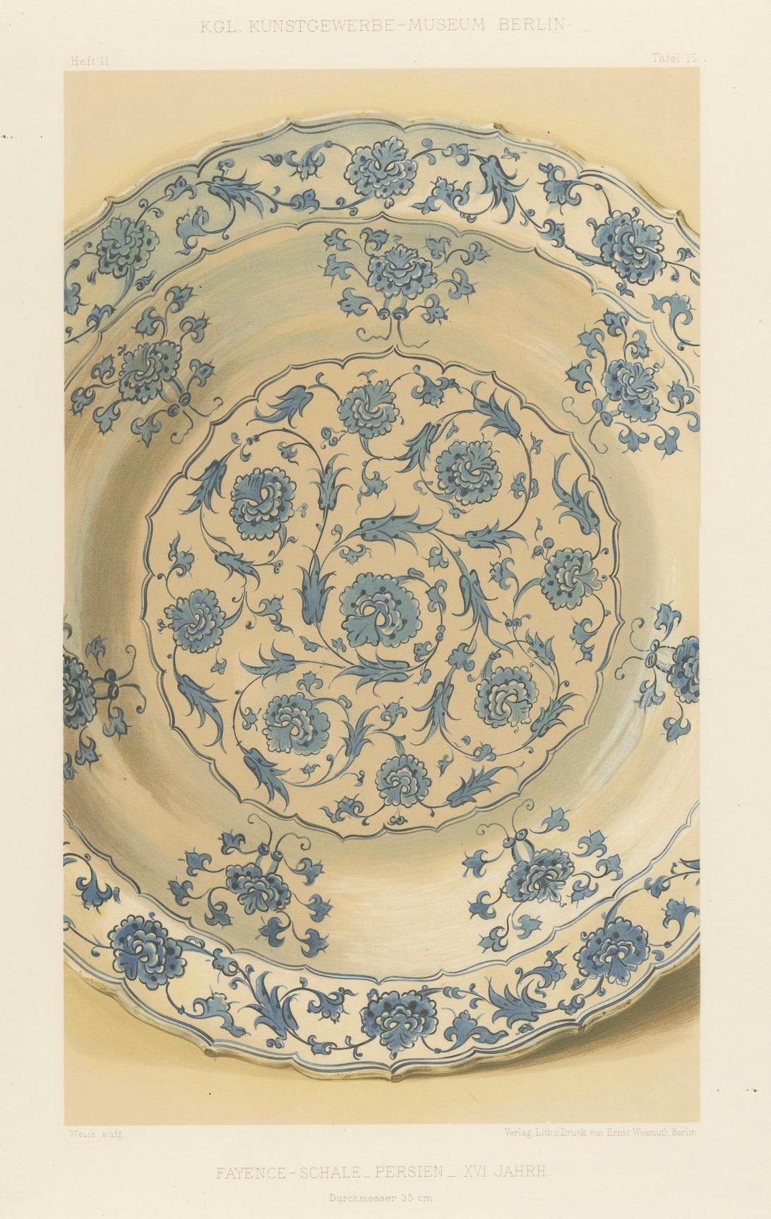 Paper Persian Faience Dish with Blue Floral Ornamentation – J.Lessing, Berlin 1890 For Sale