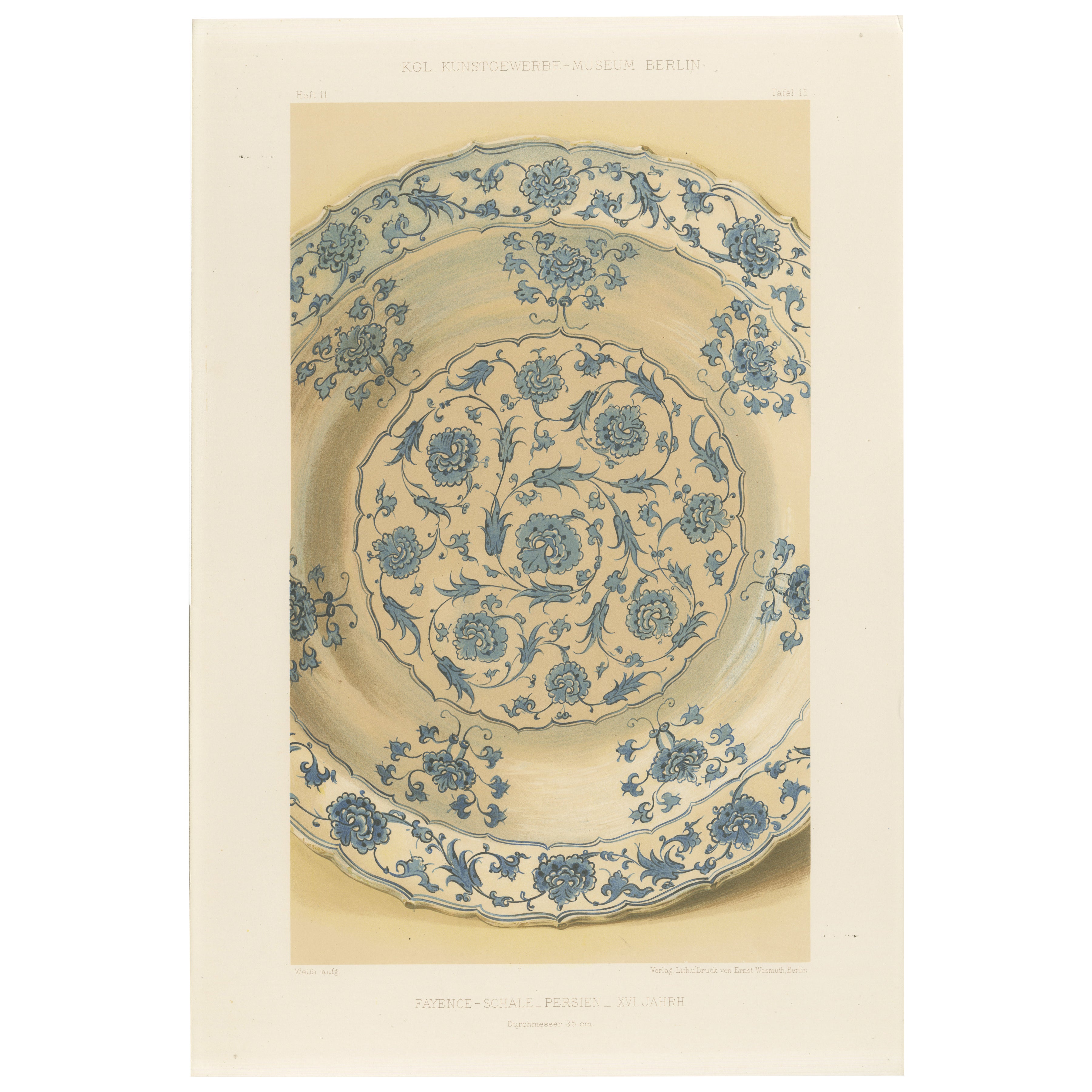 Persian Faience Dish with Blue Floral Ornamentation – J.Lessing, Berlin 1890 For Sale
