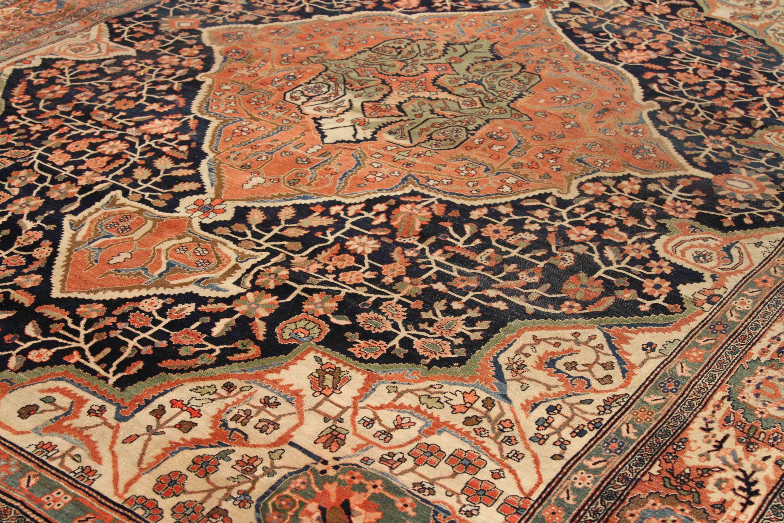 Alfombras persas Farahan Circa 1880 - Lana Verde Marfil Azul Marino Rojo 70600 Asiático en venta
