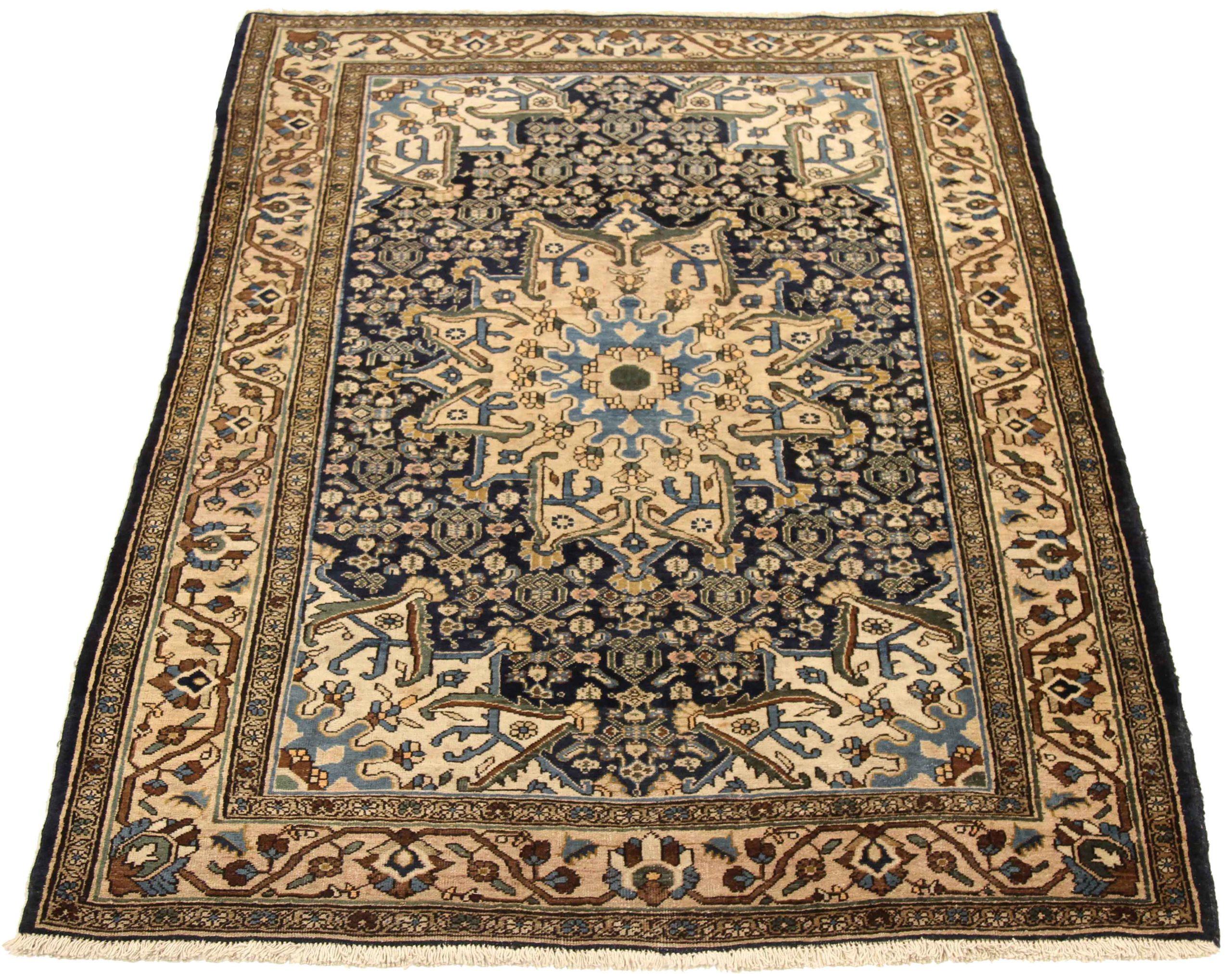 Descubre la elegancia de la Alfombra Persa Farahan Pequeña de Circa 1880. Diseñado con Lana y AzulMarfilAzul Marino, este diseño exclusivo es perfecto para realzar tu espacio.