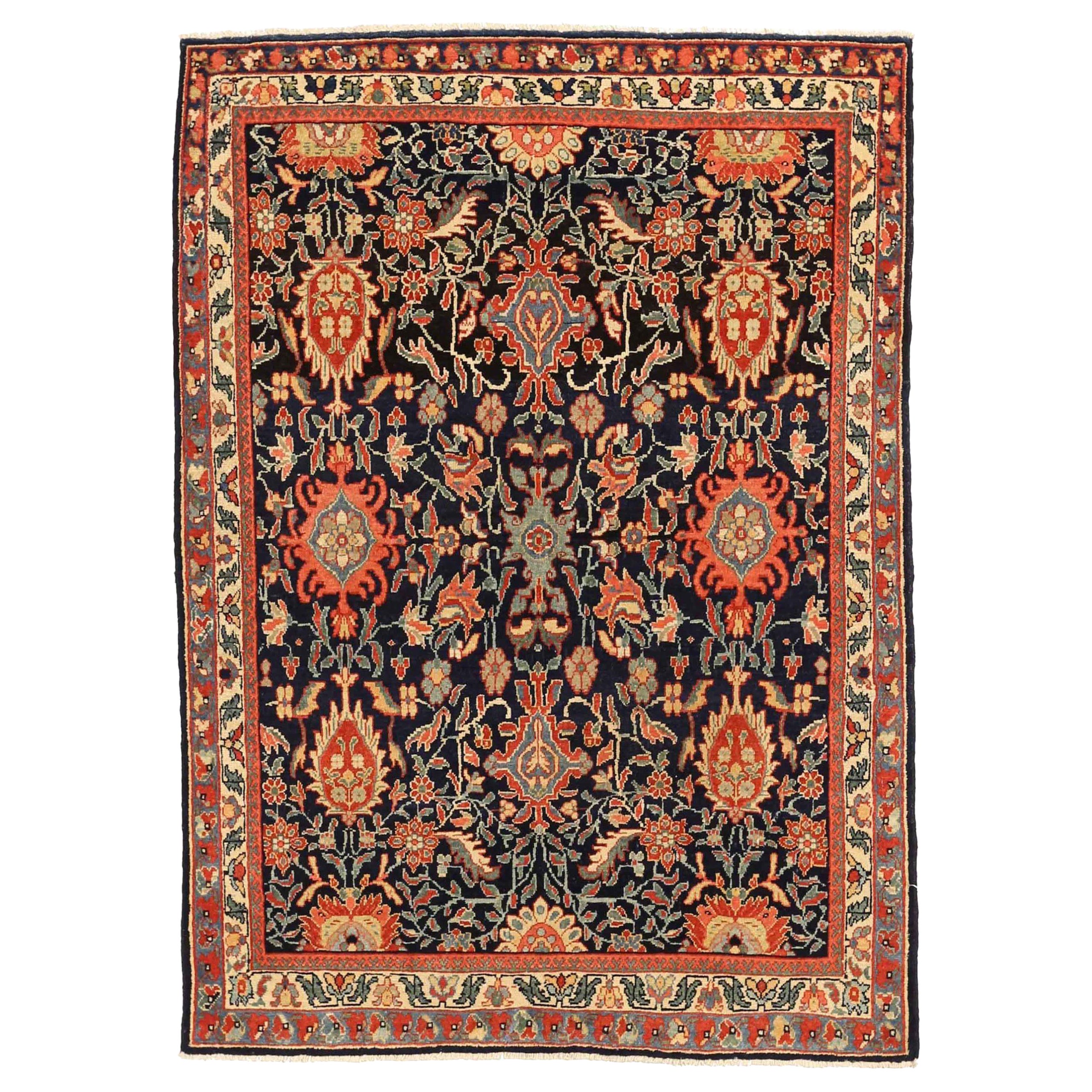 Persischer Farahan Kleiner Teppich - Wolle Elfenbein Marineblau Rot 73344