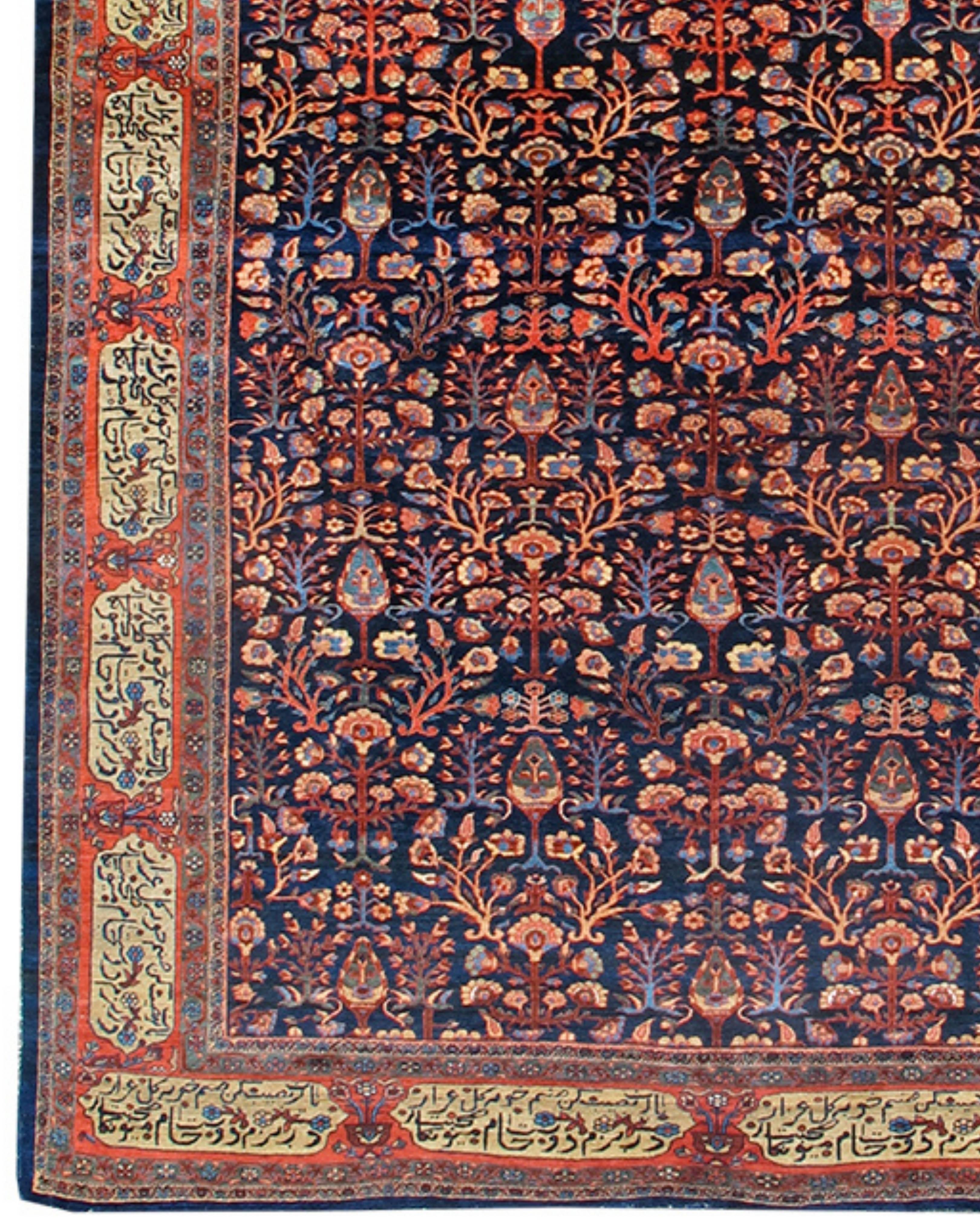 Raumgroßer persischer Fereghan Sarouk-Blumenteppich, Ende 19.

Vor einem mitternachtsblauen Hintergrund schimmern üppige Reihen blühender Pflanzen in leuchtenden Farben. Dieser Fereghan-Sarouk-Teppich aus dem späten neunzehnten Jahrhundert erinnert