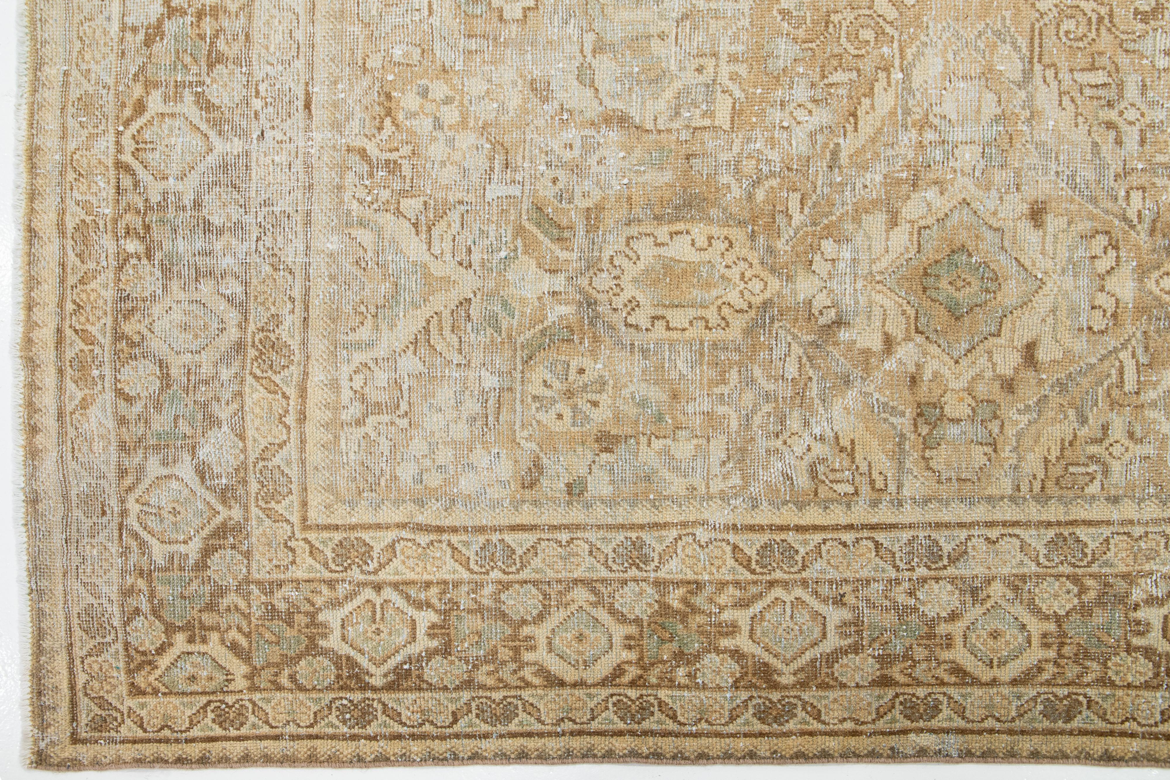 20th Century Persian Floral Mahal Wool Rug Vintage Handmade With Beige Field For Sale