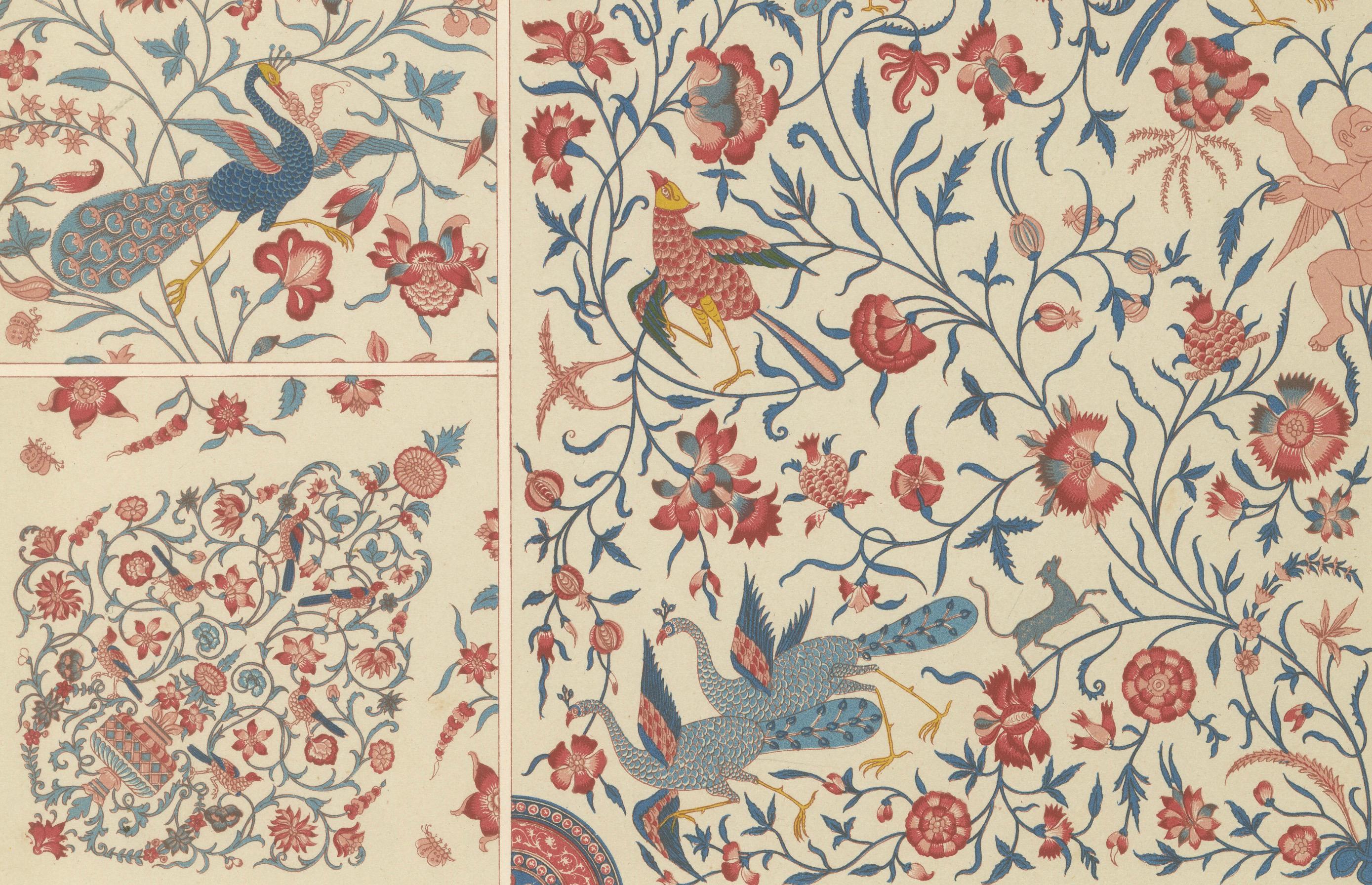 Ornamento floral persa - Litografía antigua de pájaros, querubines y enredaderas, c.1869

Esta cromolitografía de delicada composición presenta una exuberante y romántica ornamentación floral persa, inspirada en los tejidos y la iluminación de los