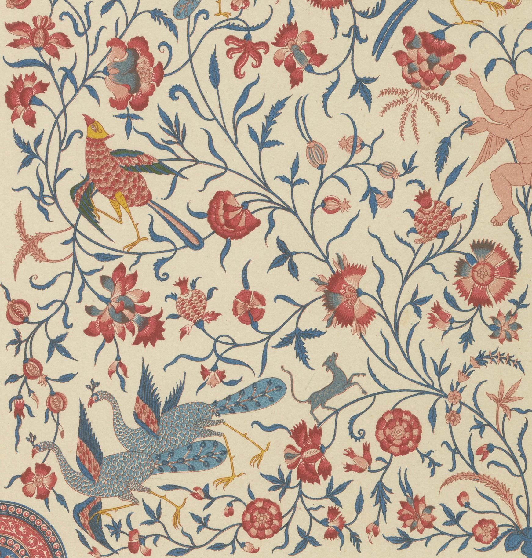 Ornamento floral persa - Litografía antigua de pájaros, querubines y enredaderas, 1869 Francés en venta