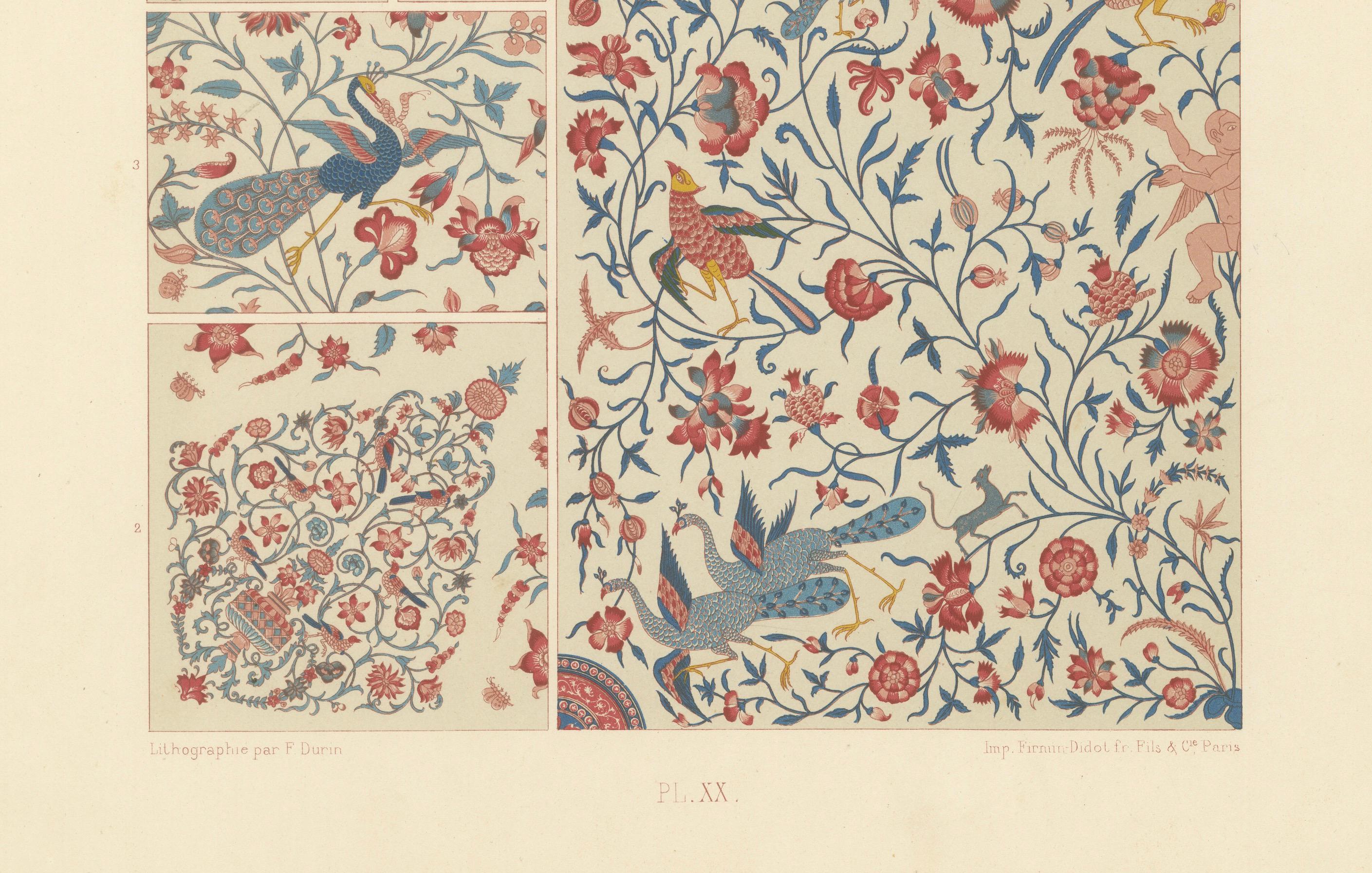 Ornamento floral persa - Litografía antigua de pájaros, querubines y enredaderas, 1869 en Bueno estado para la venta en Langweer, NL