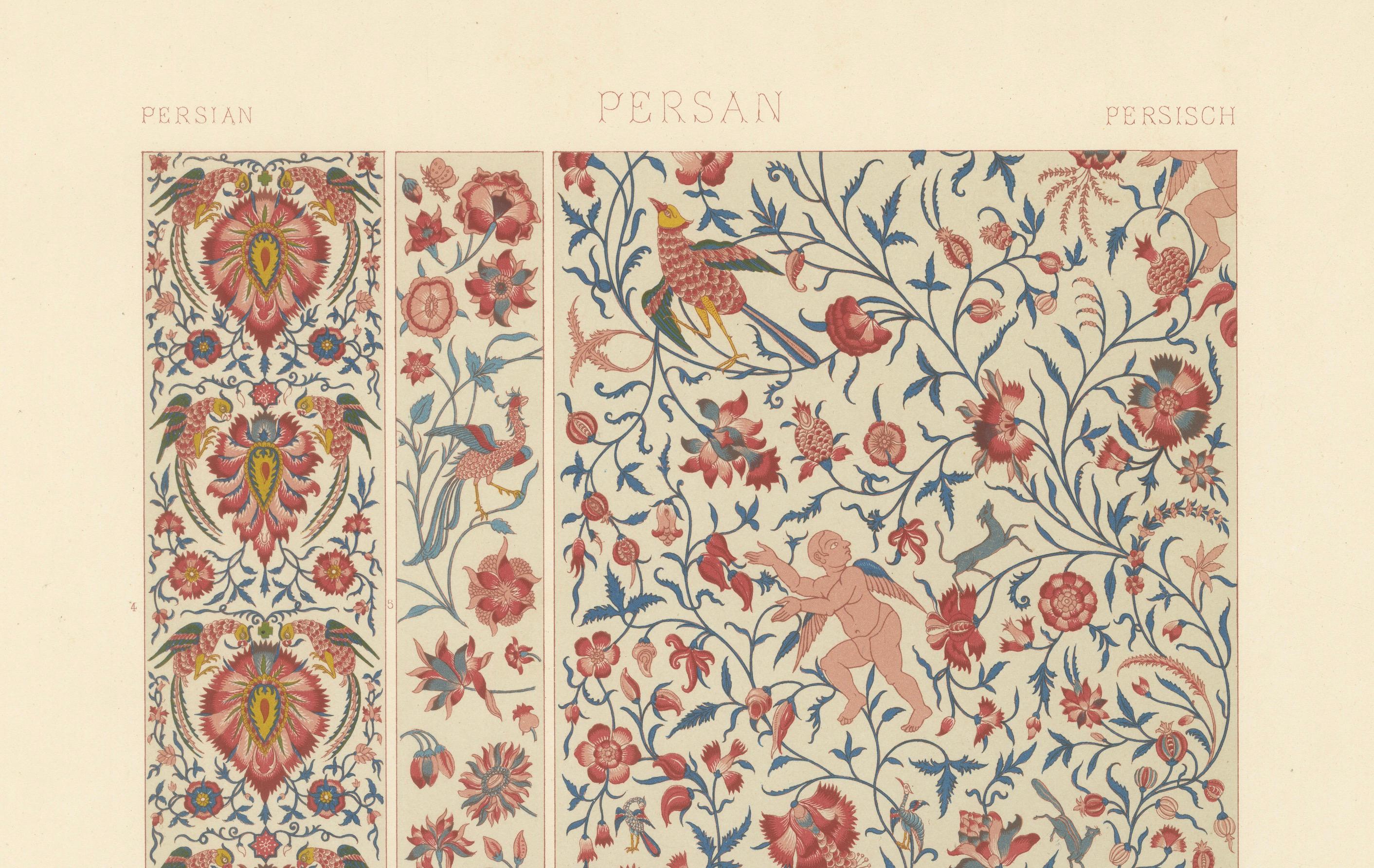 Ornamento floral persa - Litografía antigua de pájaros, querubines y enredaderas, 1869 siglo XIX en venta