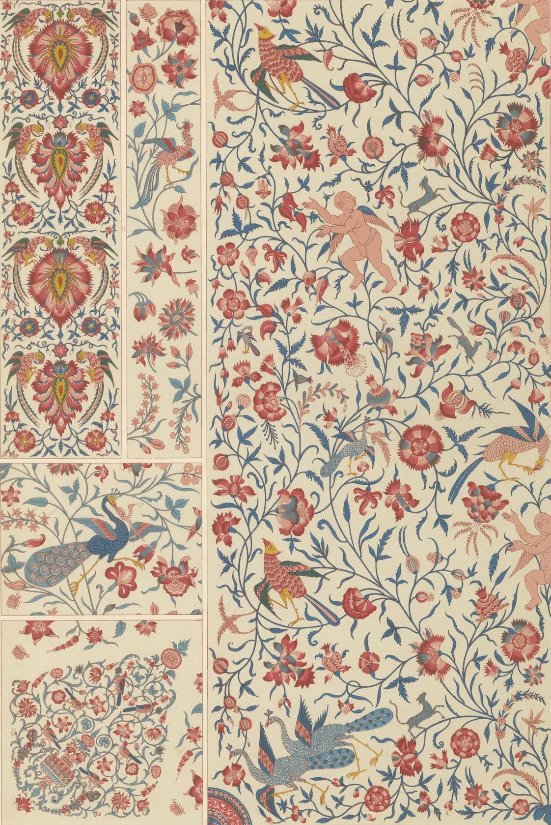 Ornamento floral persa - Litografía antigua de pájaros, querubines y enredaderas, 1869 Papel en venta