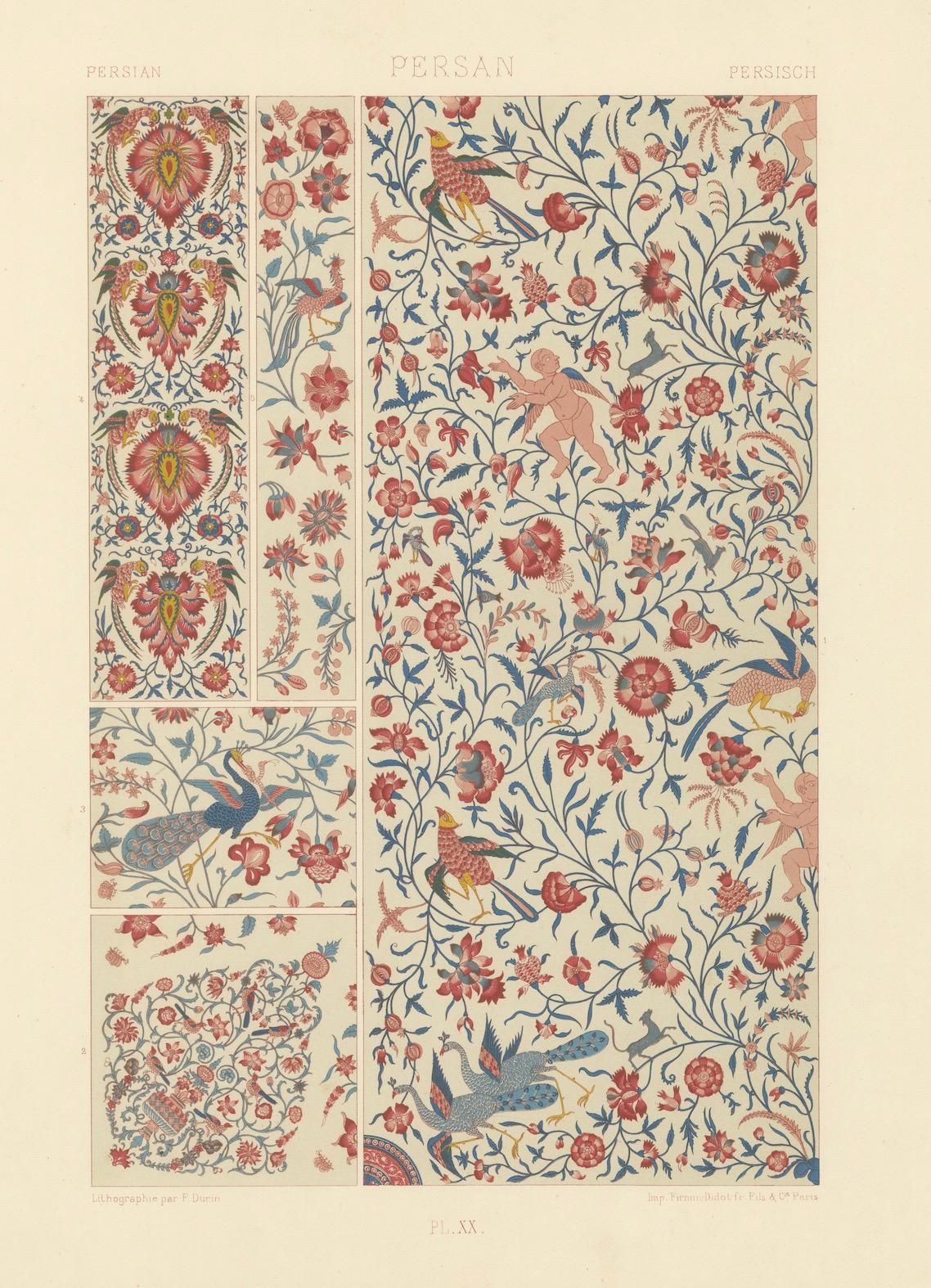 Ornamento floral persa - Litografía antigua de pájaros, querubines y enredaderas, 1869 en venta 1