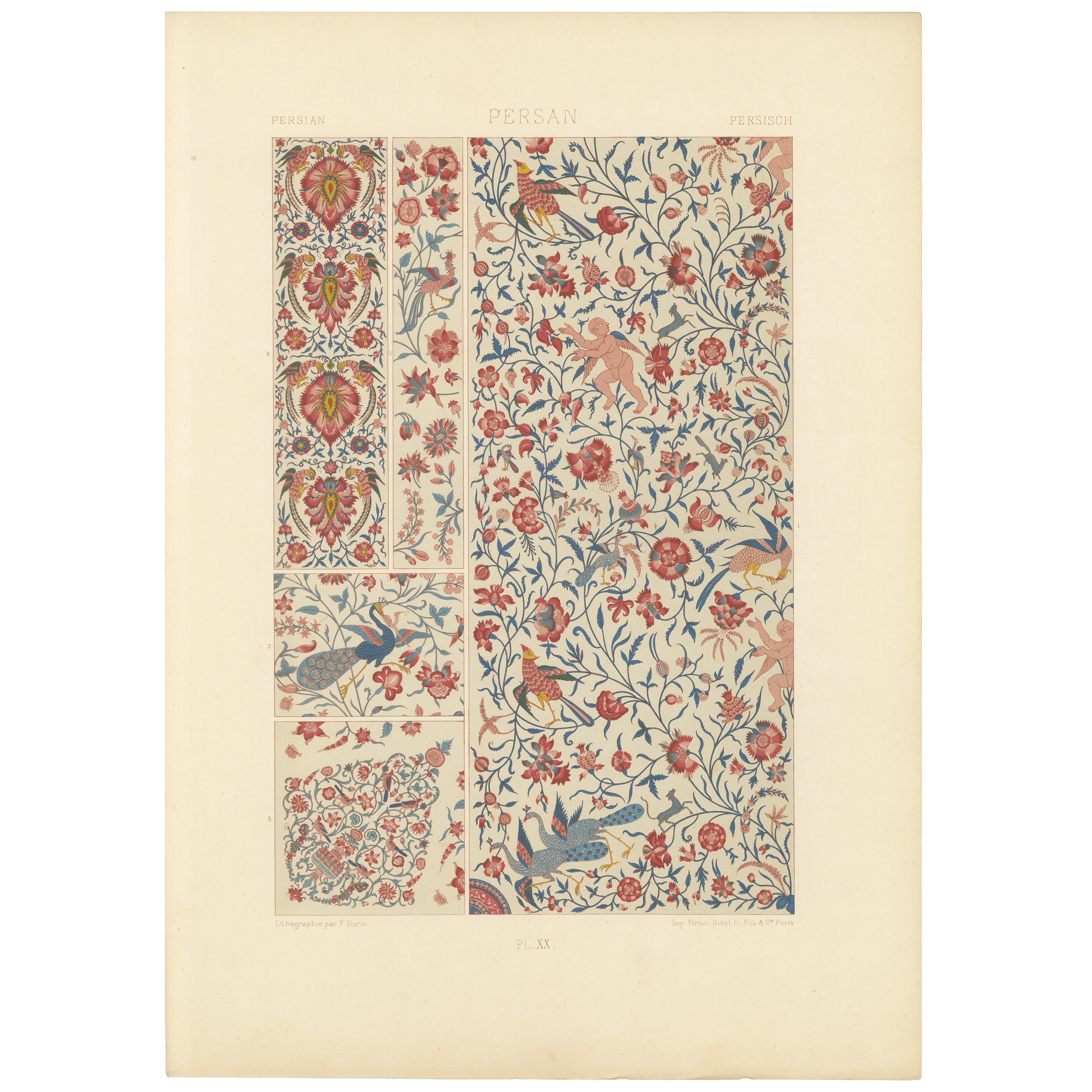 Stampa di ornamenti floreali persiani - Litografia antica di uccelli, cherubini e viti, 1869 in vendita