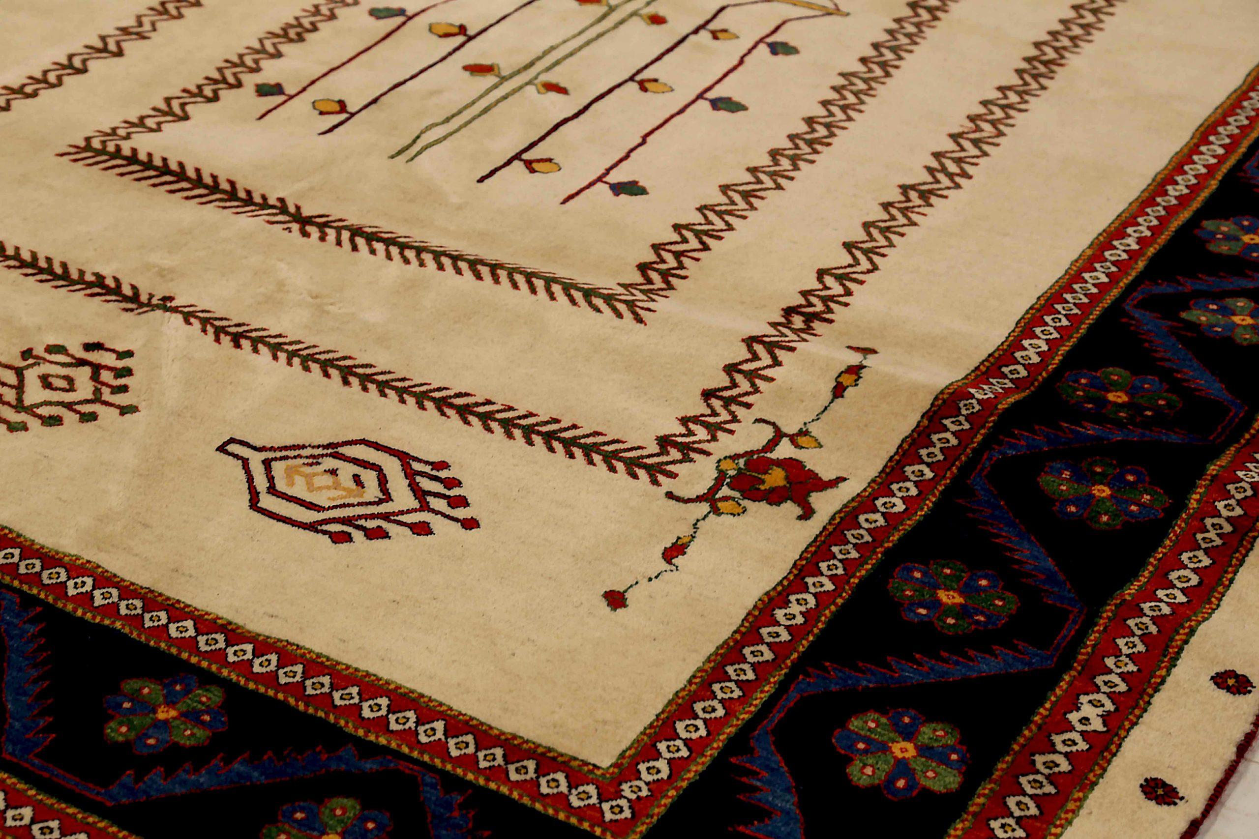 Asiatico Tappeti persiani Gabbeh Circa 1910 - Lana Nero Avorio Rosso 72325 in vendita