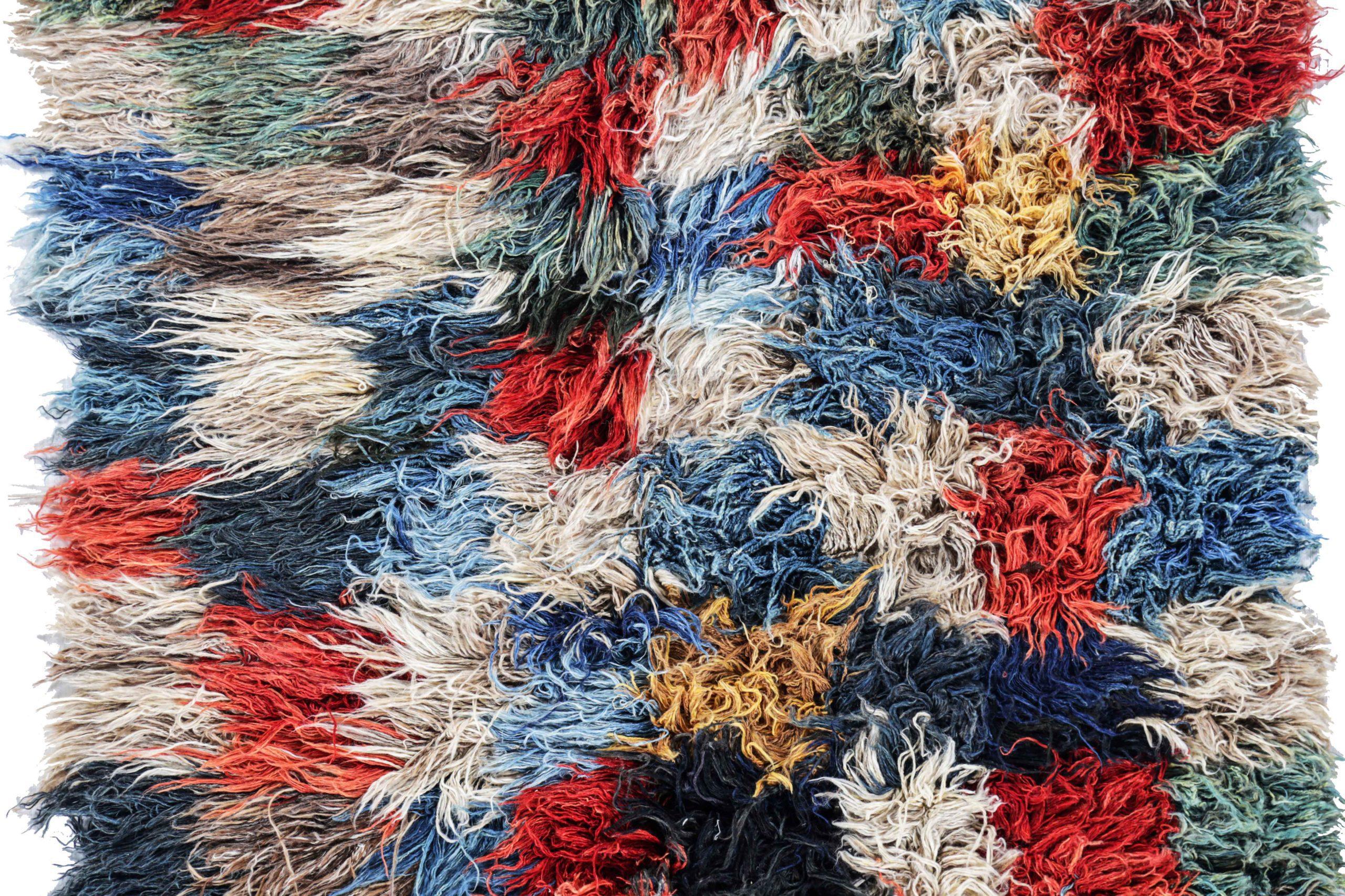 Asian Persian Gabbeh Area Rugs Circa 1910 - Wool Blue Ivory Red Yellow Design - 91260 For Sale