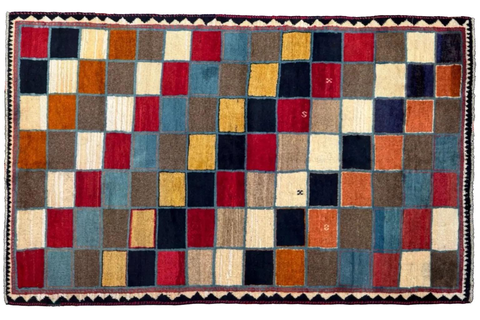 Hand-Woven Persian Gabbeh Area Rugs - Wool Black Blue Brown Red Taupe - 97992 For Sale