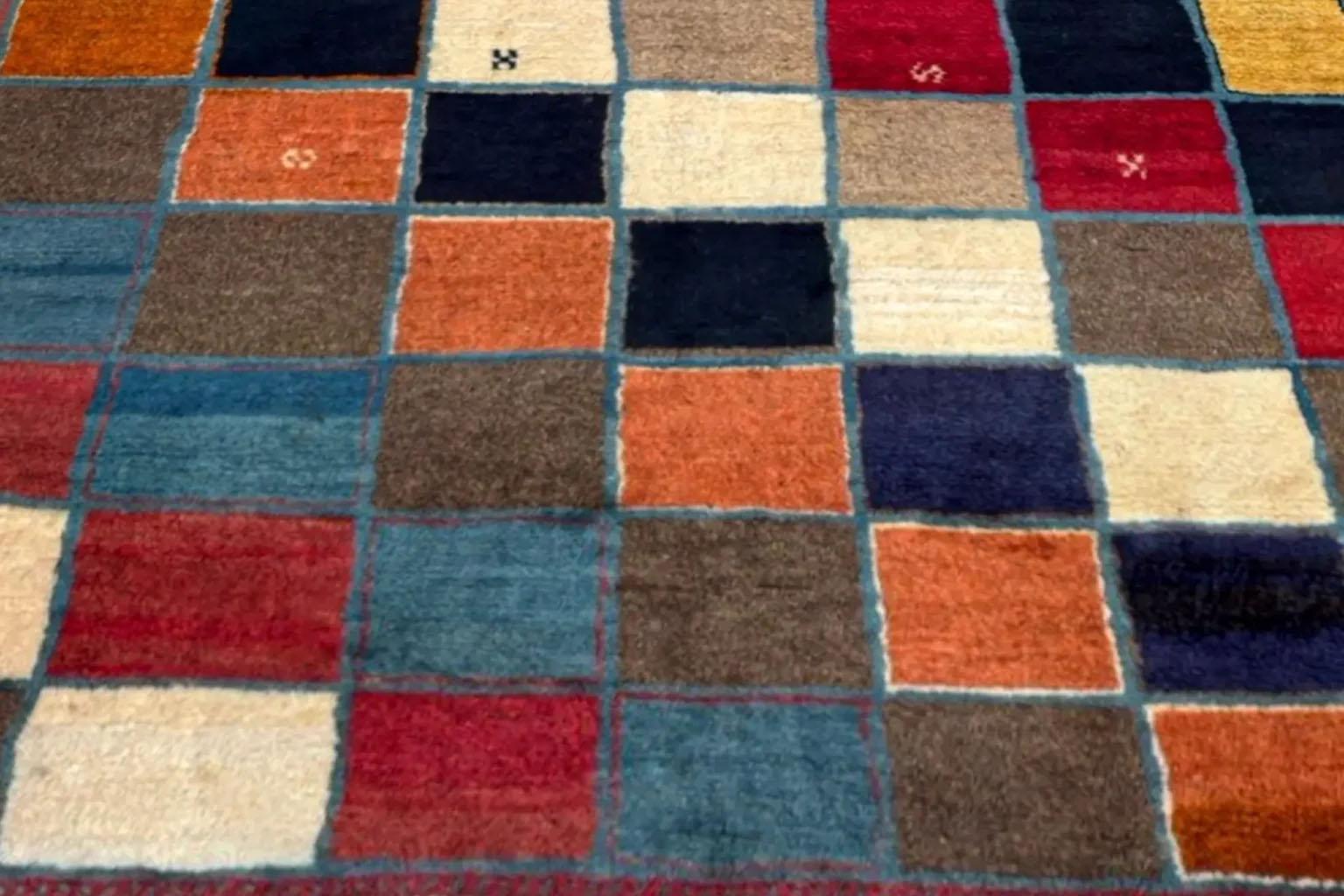 20th Century Persian Gabbeh Area Rugs - Wool Black Blue Brown Red Taupe - 97992 For Sale