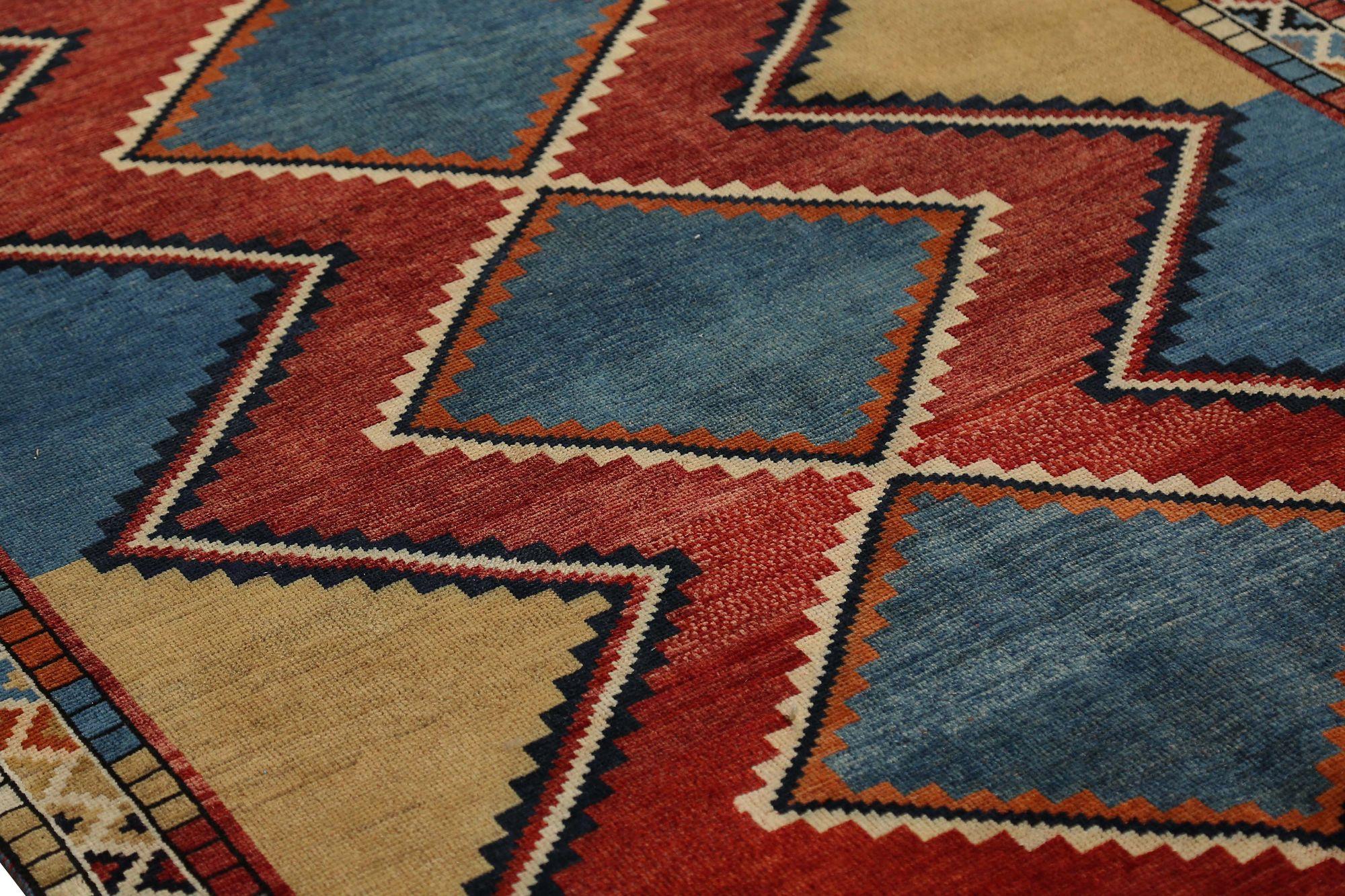 Persische Gabbeh Bereich Teppiche - Wolle Blau Elfenbein Rot Gelb Design - 97974 (Stammeskunst) im Angebot