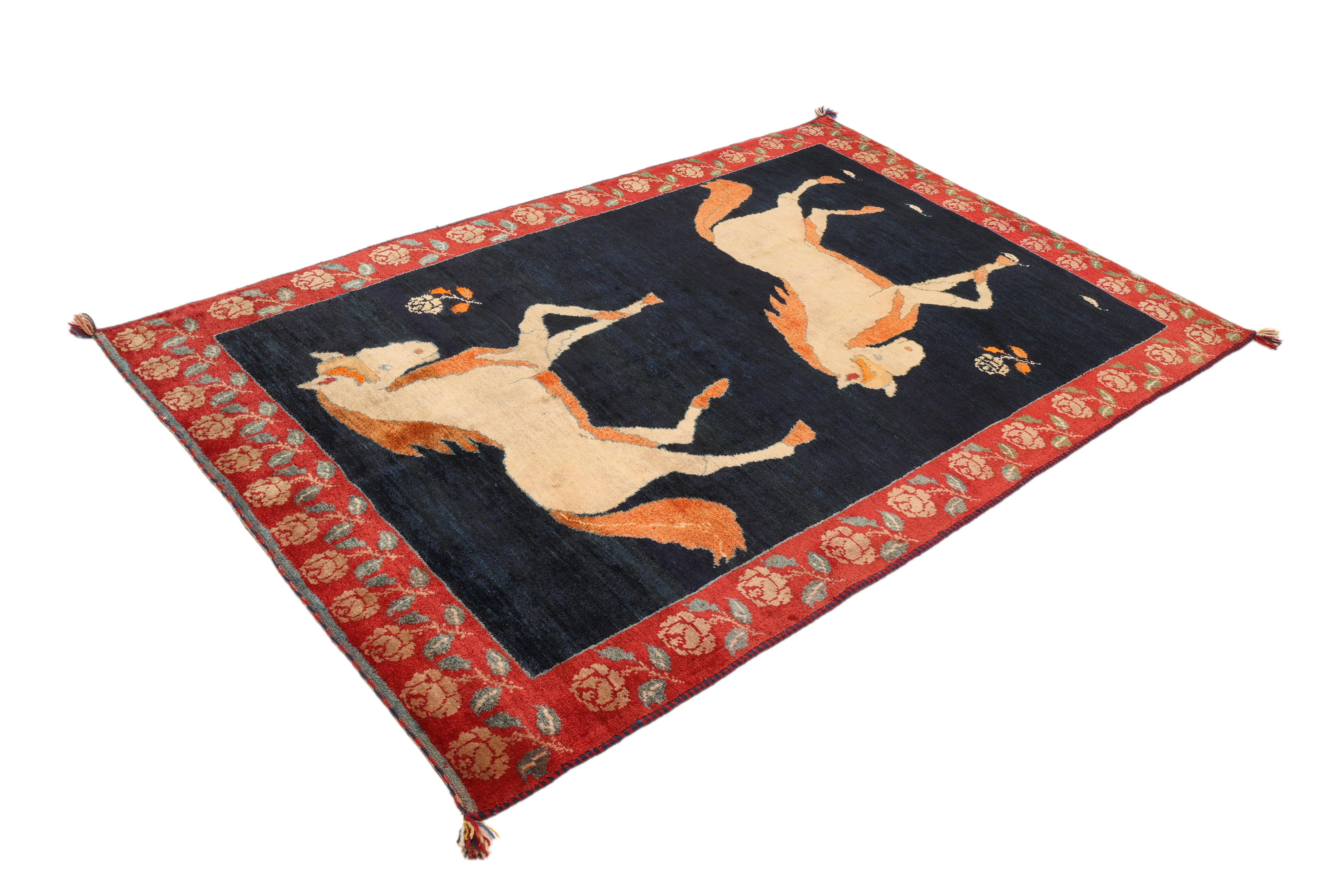 Hand-Knotted Persian Gabbeh Rug (133 × 204 cm, dark blue, new, horse motif) For Sale